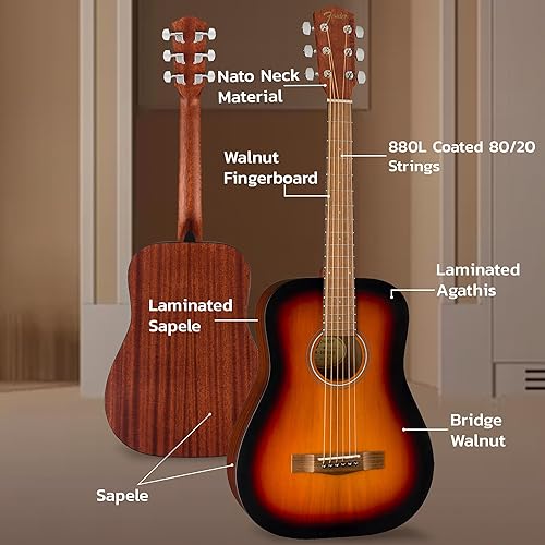 Vista 5 de Fender FA-15 - Guitarra acústica de cuerda de acero para niños de 3/4 escalas, paquete Sunburst Learn-to-Play con estuche, afinador, correa, púas