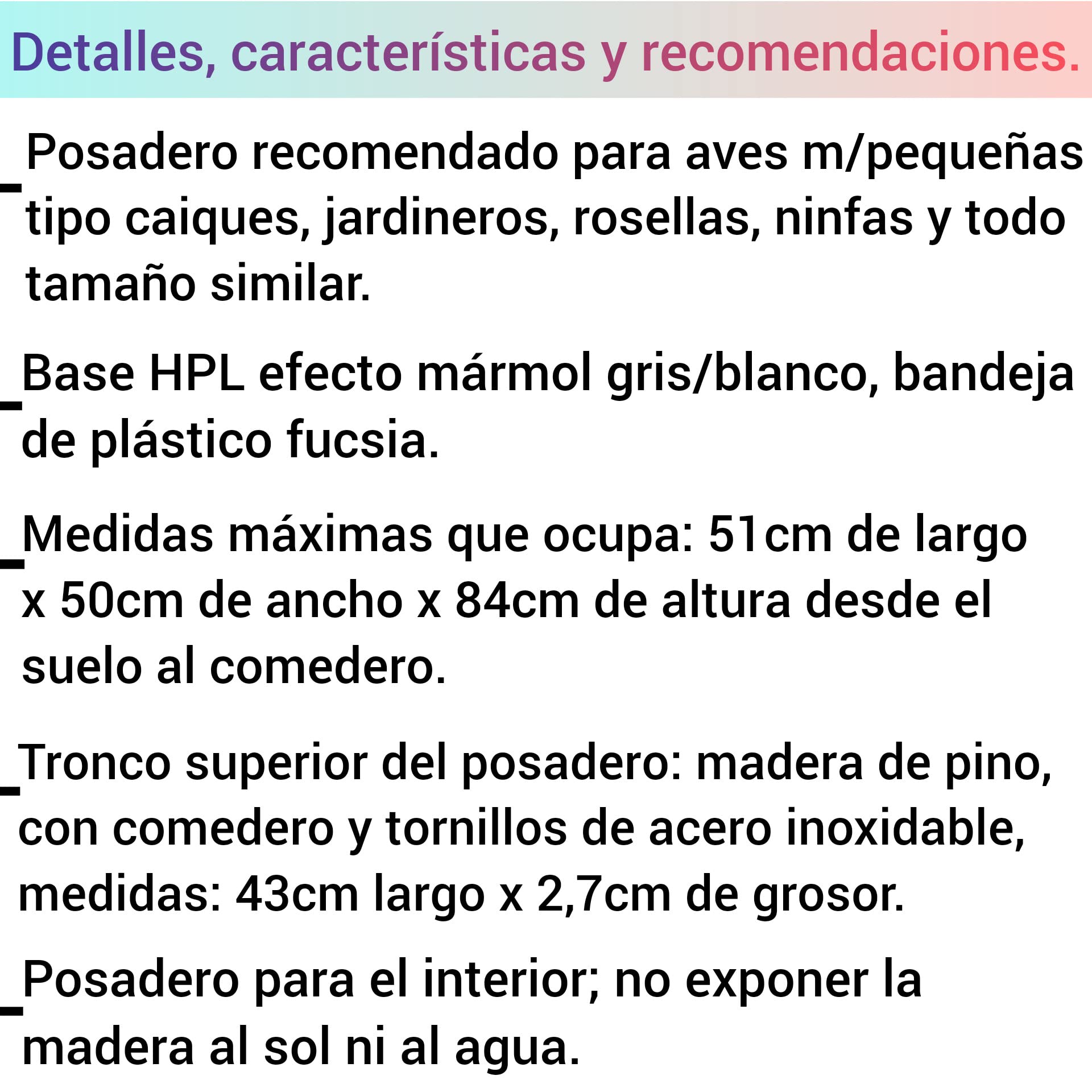 Posadero grande para loros caiques, pyrrhuras, ninfas, percha natural con comedero de pájaros, madera con su corteza, descanso y duchas con pulverizador de aves, bandeja higiene, CALIDAD PREMIUM. (D)