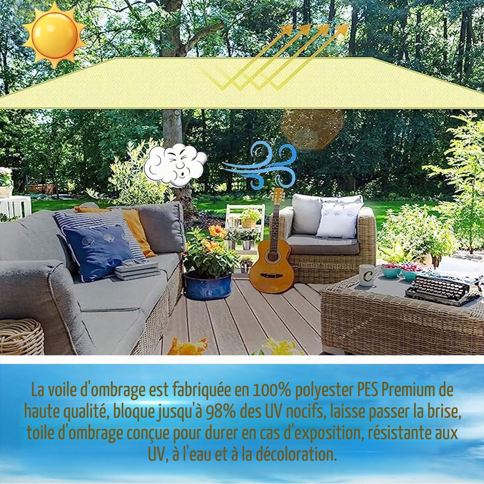Voile Ombrage Imperméable Rectangulaire 3 x 4 m UV Protection Toile Protection Solaire avec Oeillets et Cordons pour Terrasse Jardin Extérieur Balcon, Gris Foncé