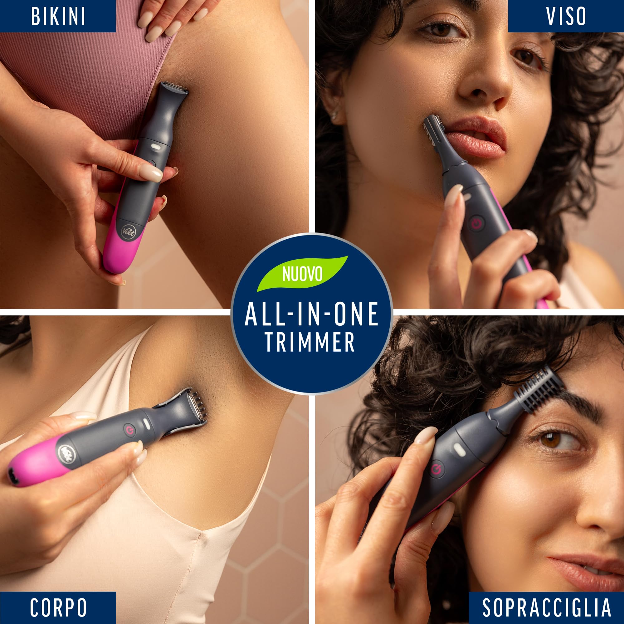 Veet Expert All-In-One Trimmer, Rasoio elettrico donna, Viso e parti intime, 100% waterproof, 2 testine e 3 pettini, Rasatura ad alta precisione, Cordless + Strisce Depilatorie viso Pelli Sensibili