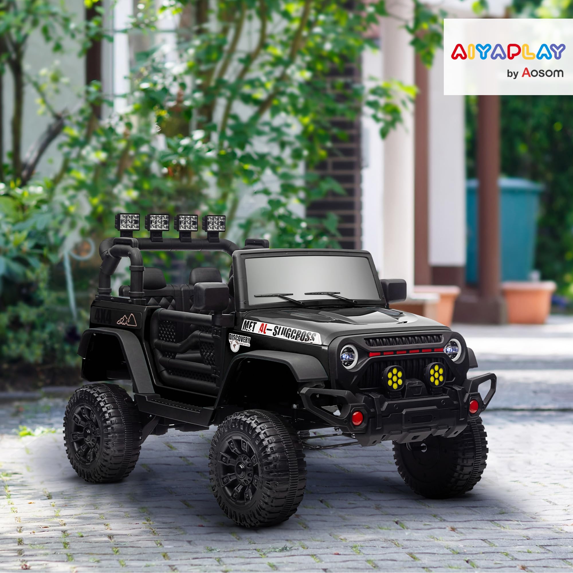 AIYAPLAY Coche Eléctrico para Niños de +3 Años Carro Eléctrico Infantil Todoterreno de Batería 12V con Mando a Distancia Ruedas Amortiguadas Faros LED Bocina Música Negro