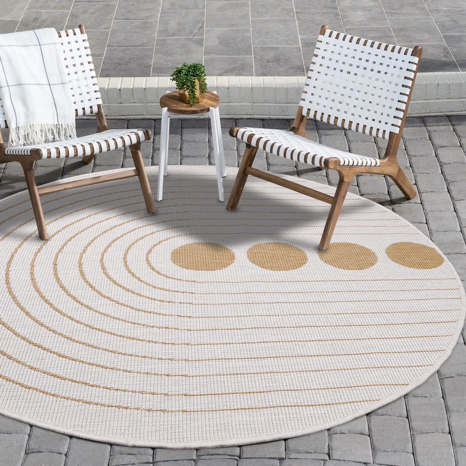 Payé Tapis réversible Jaune ocre crème 160 x 160 cm Motif cercle Rond Résistant aux intempéries pour balcon, terrasse, intérieur salon cuisine