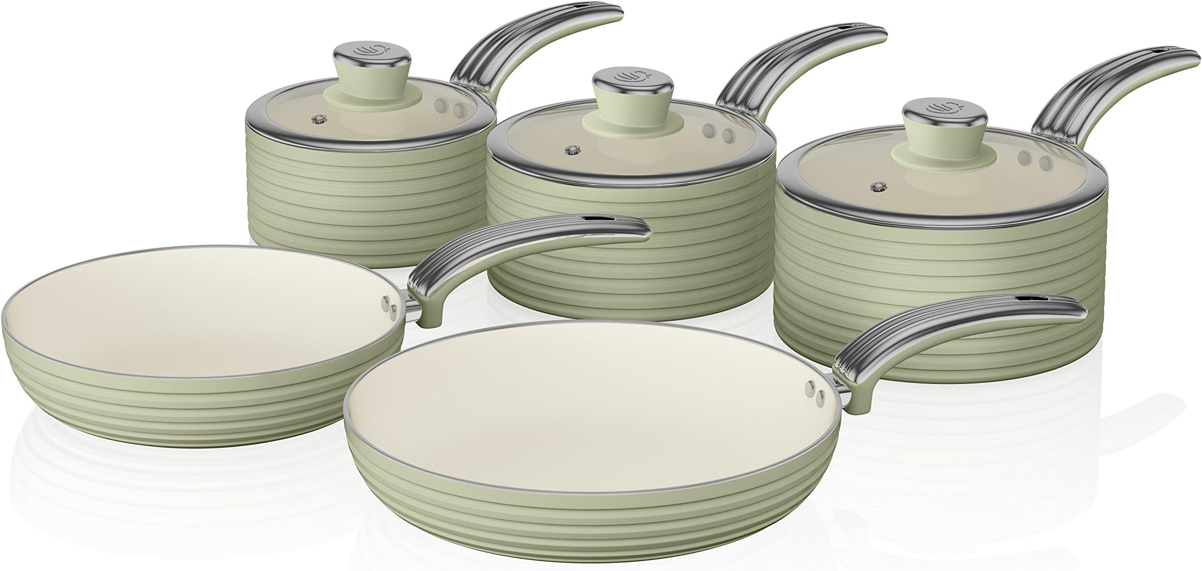 Swan SWPS5020GN Retro 5 Piece Aluminium Pan Set with Glass Lid, Non-Stick Ceramic Coating, Green