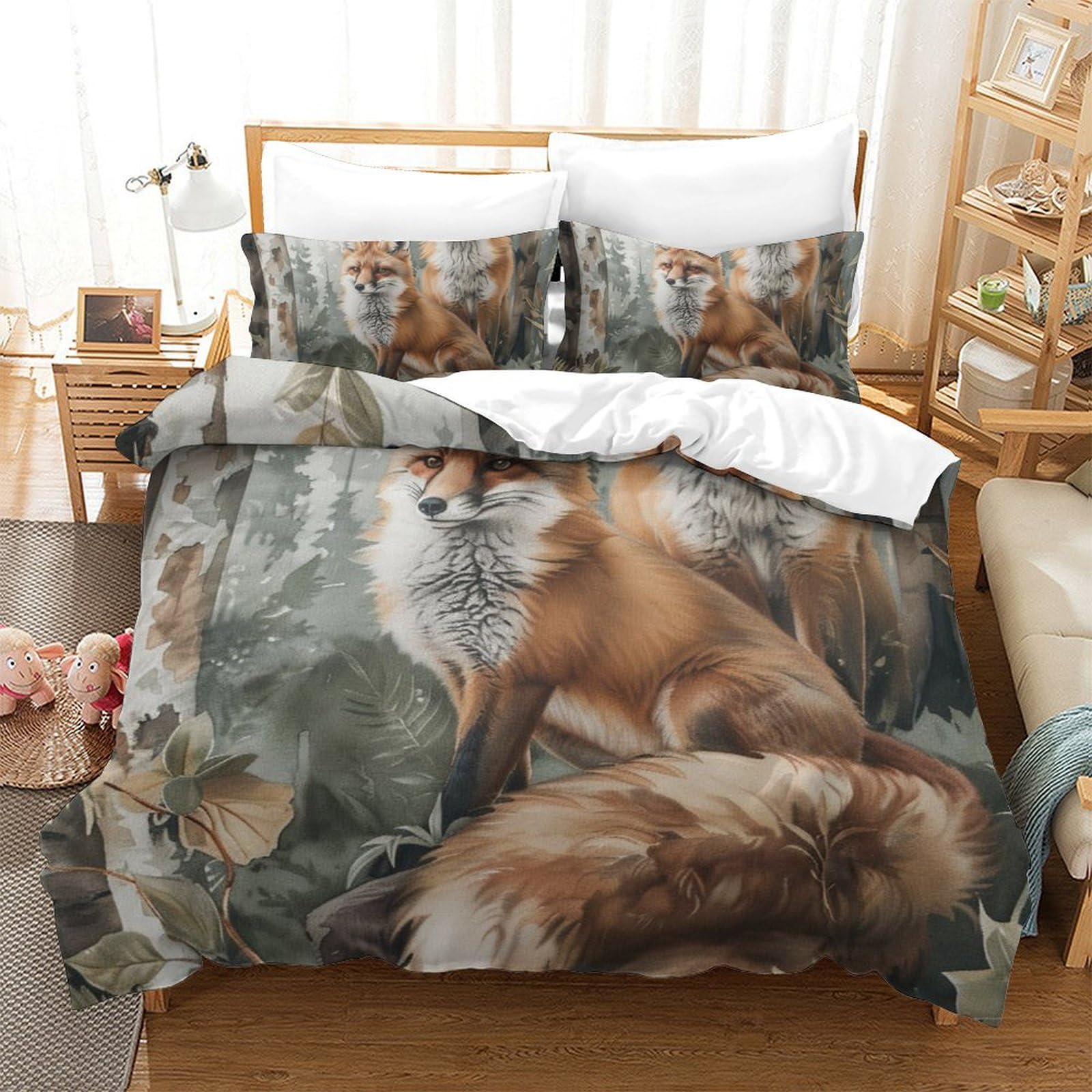 Housse de couette 3 pièces imprimé jungle renard microfibre douce King