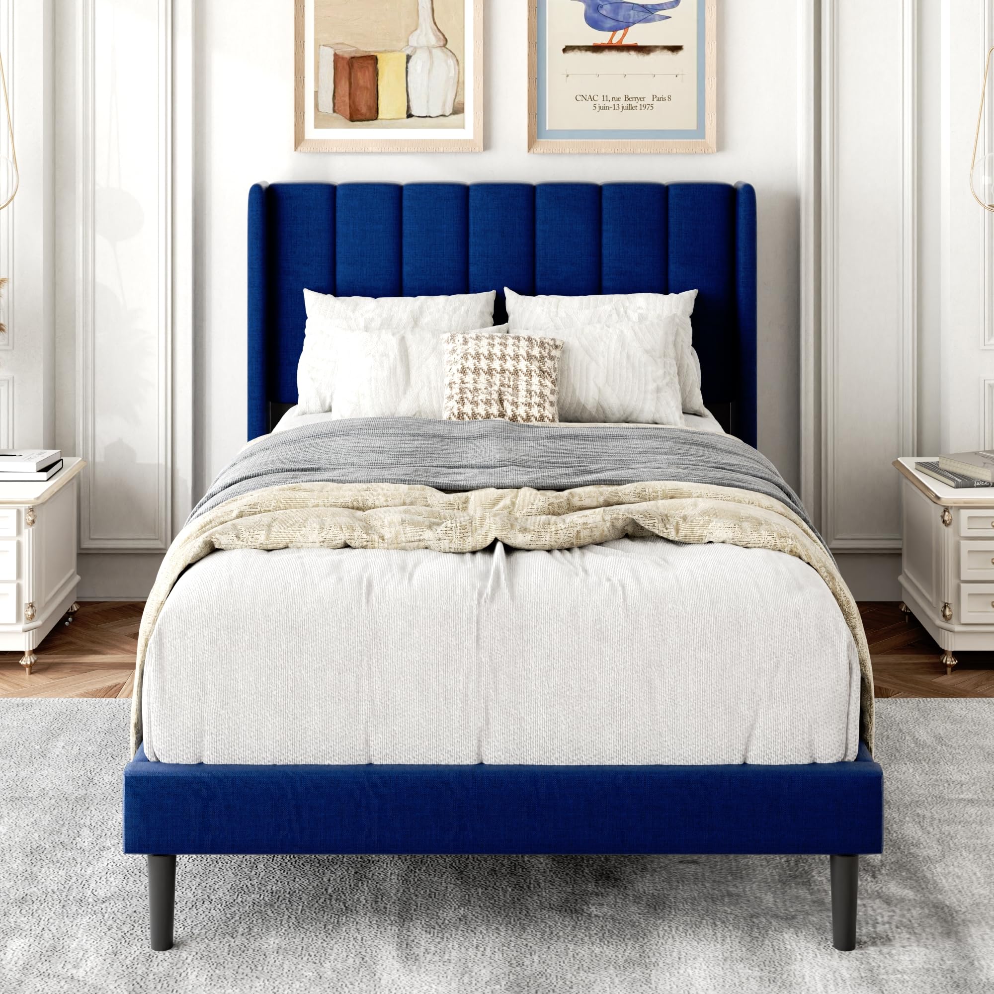 Photo 1 of ***STOCK PHOTO FOR REFERENCE ONLY***Gruwans Twin Size Bed Frame with Upholstered Wingback Headboard, Easy Assemnly Platform Bed, Wooden Slat Support No Box Spring Needed, Navy Blue