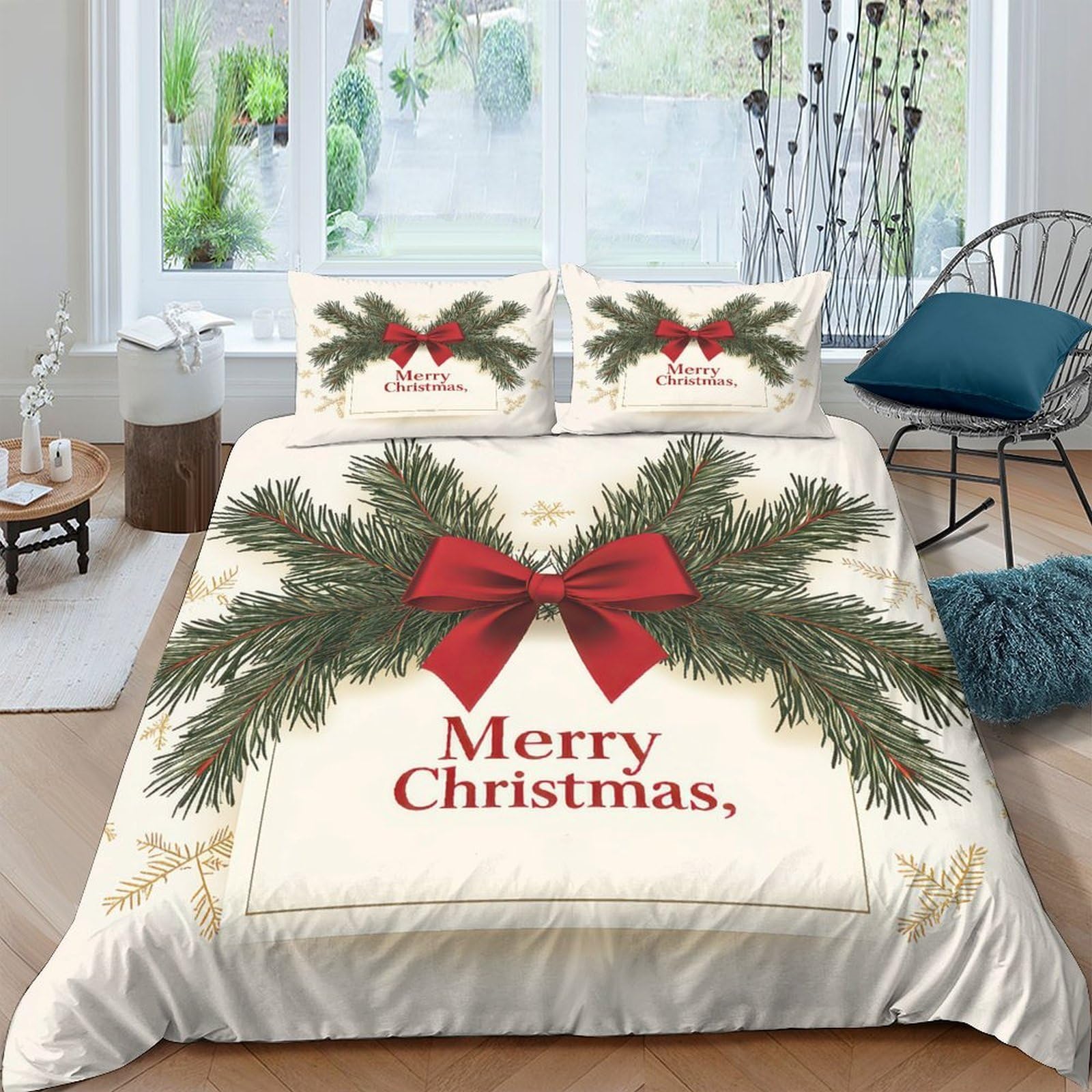 Ctjqhvkz Style-2 3D Printed Christmas Pine Bow Fitted Sheet Microfiber Soft Decor Merry Christmas Bed Cover For Bedroom Guest Room Single（135X200cm）