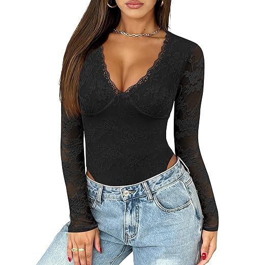 Saslax Women's Lace Bodysuit Sexy Deep V Neck Long Sleeve Body Suits Thong Slim Fit Double Lined Y2K Going Out Tops