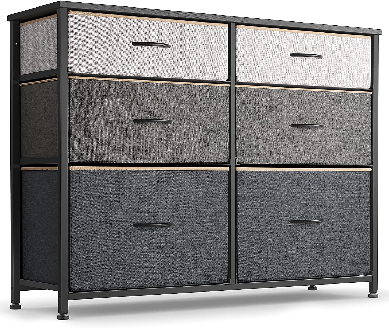 CubiCubi Dresser for Bedroom, Tall Wide Storage Organizer 6 Drawer Dresser for Bedroom Hallway, Sturdy Steel Frame Wood Top, Ombre Grey with Light Tan Edging