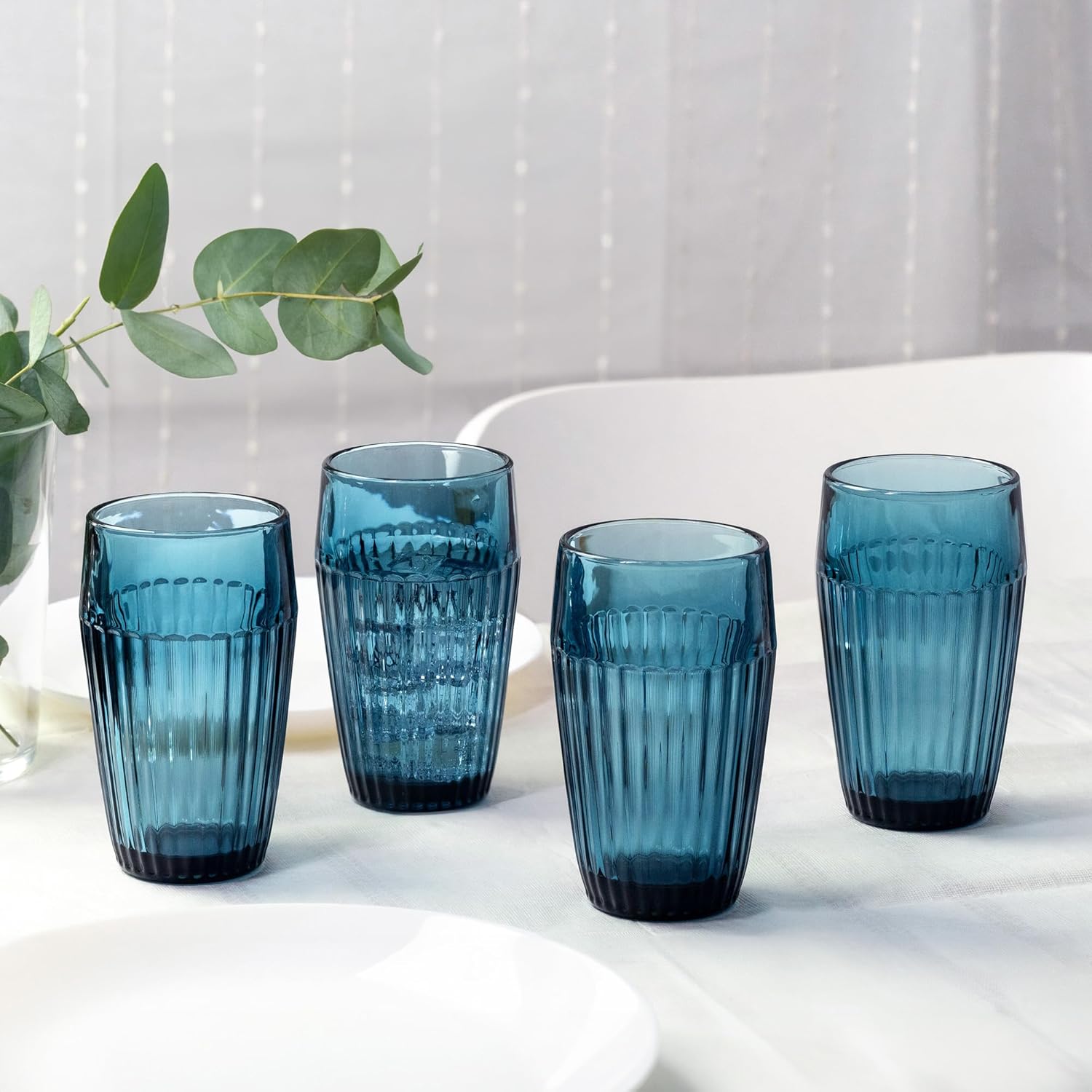 Blue Drinking Glasses Set of 4, 14 oz Ribbed Textured Glass Tumblers, Tall Retro Colored Drinkware for Water & Cocktails, Decorative Highball Glasses for Home & Bar, Modern Vintage Glassware Gift Set - Image 2