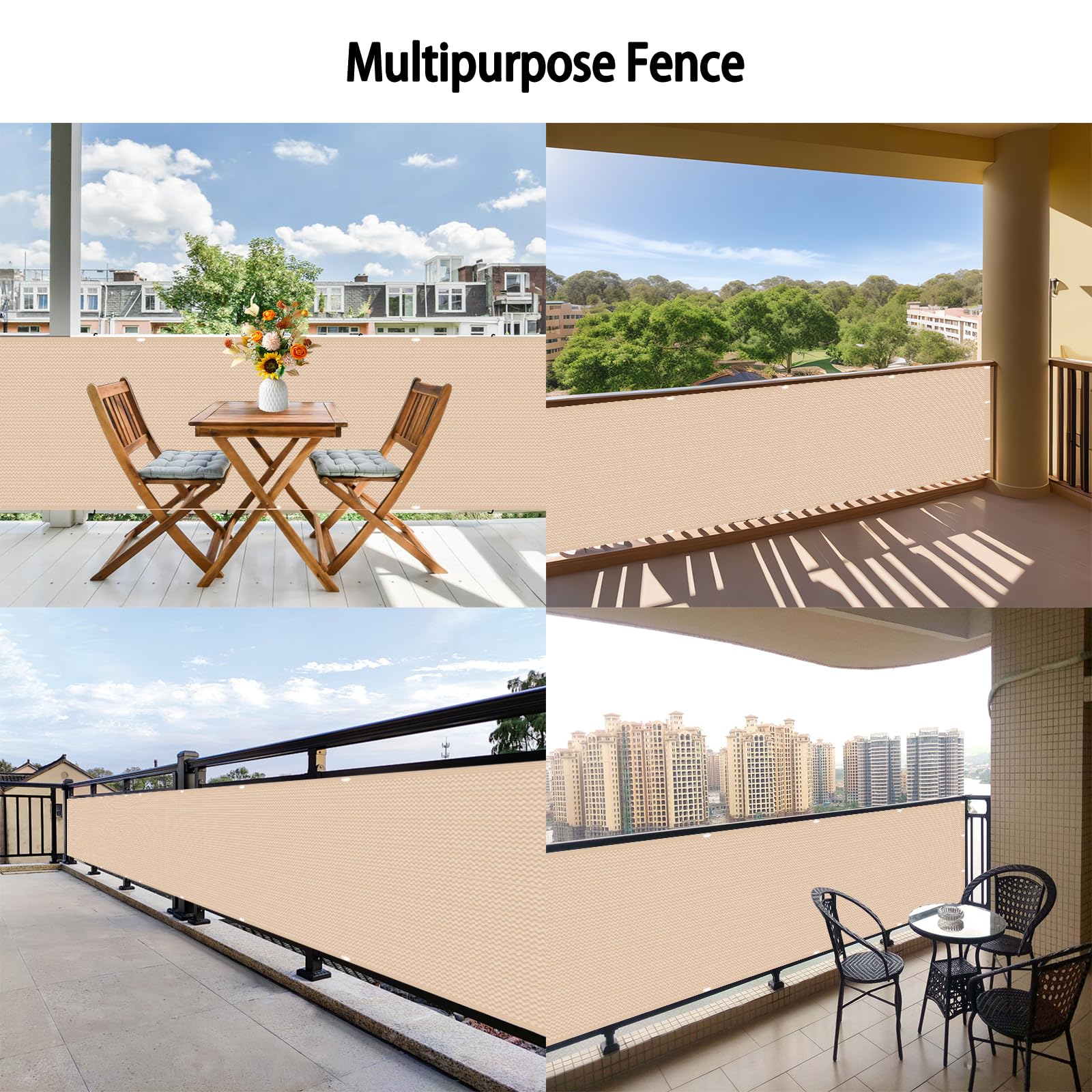 Copri Ringhiera Balcone 50 x 120 cm Ombreggiante, Protezione Solare e Traspirabilità, Recinzione Copri Ringhiera Balcone con Fascette e Funi per Giardino Terrazza, Color Crema