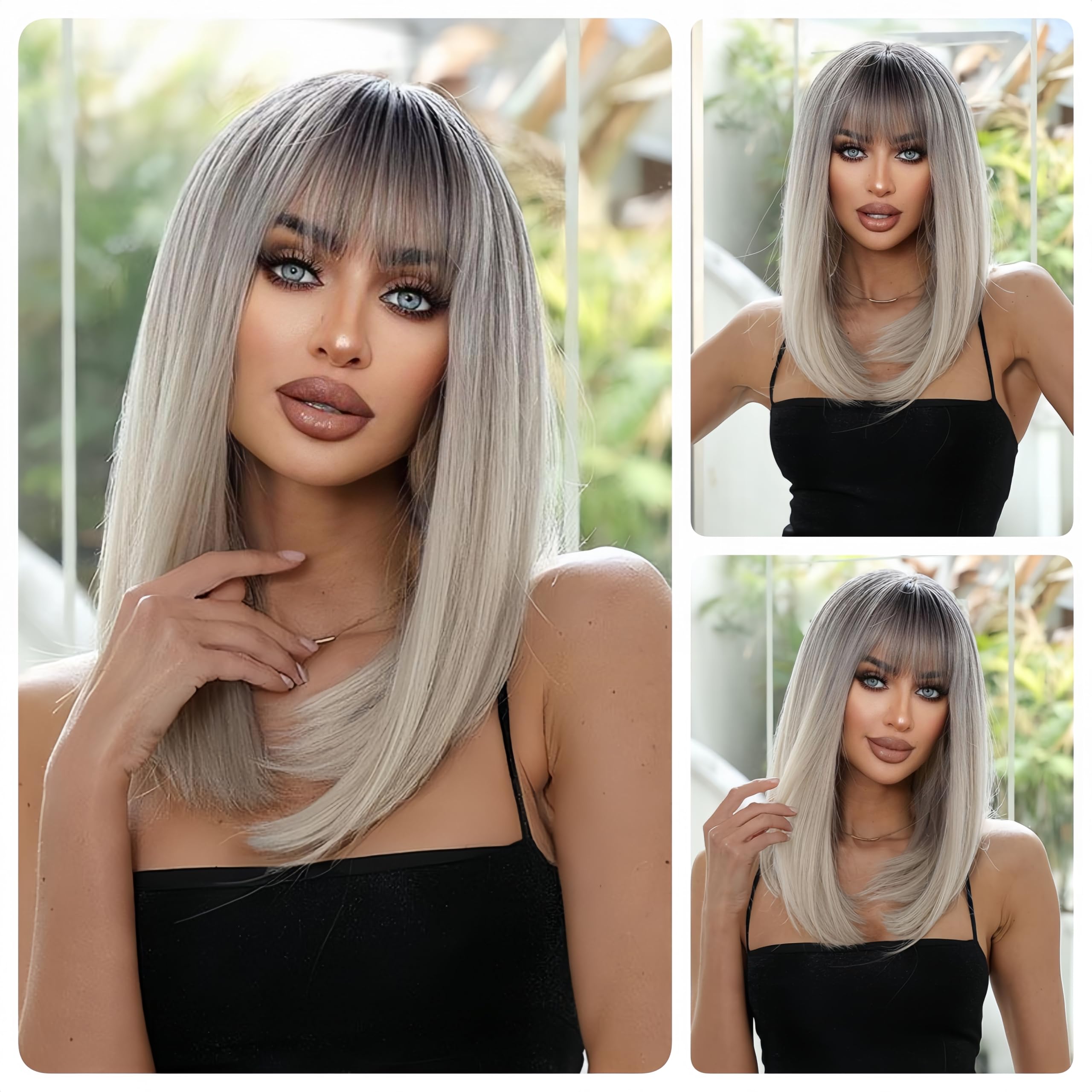 Photo 1 of Umbrion Medium Long Blonde Ombre Gray Bob Human Hair Wigs With Straight Bangs For Women Chic Glueless Collarbone Length (Ombre Gray)
