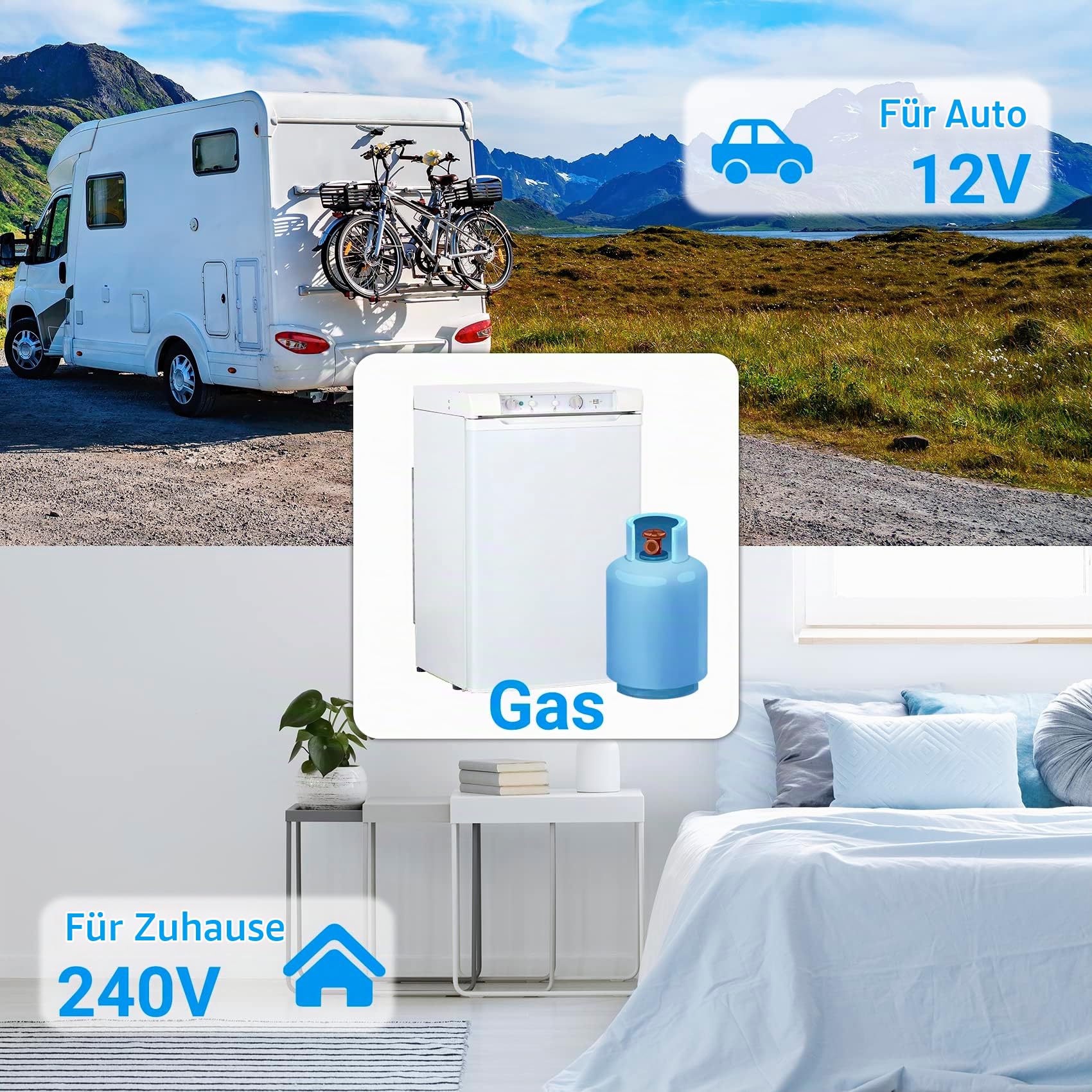 Mini Kühlschrank mit Gefrierfach, Gas Kühlschrank 100L,12V 230V, Camping Kleiner Kühlschrank für Wohnmobil, Wohnwagen, Haus, Ferienwohnung, Mobilheim, Weiß
