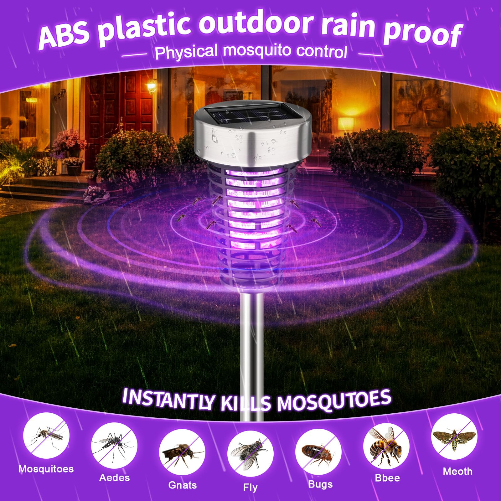 4 Stück Solar Insektenvernichter Outdoor Mückenvernichter Lampe Wasserdicht Gitter Mückenschutz Killer Zapper mit Hochspannung Elektrisch für Garten Terrasse Hof (Lila Licht, Silber)