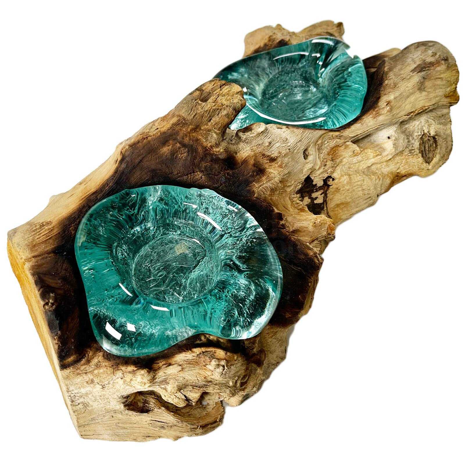Molten Glass Double Candle Holder On Teak Root Stand Tea Light Rustic Decor Gift 26cm