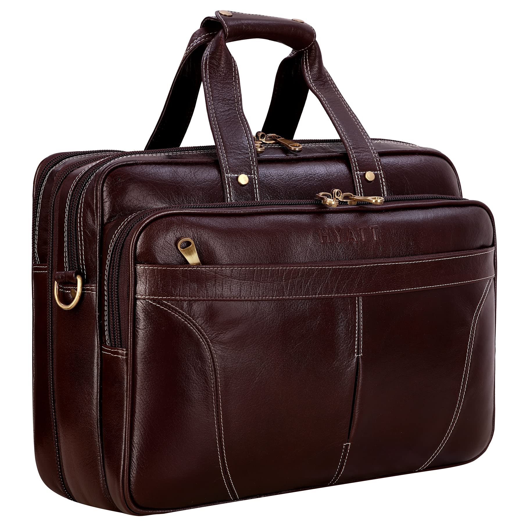 HYATT Leather Accessories 16 Inch Expandable Italian Leather Laptop Briefcase Office Bags for Men (NDML0001) (ITALAIN BROWN)