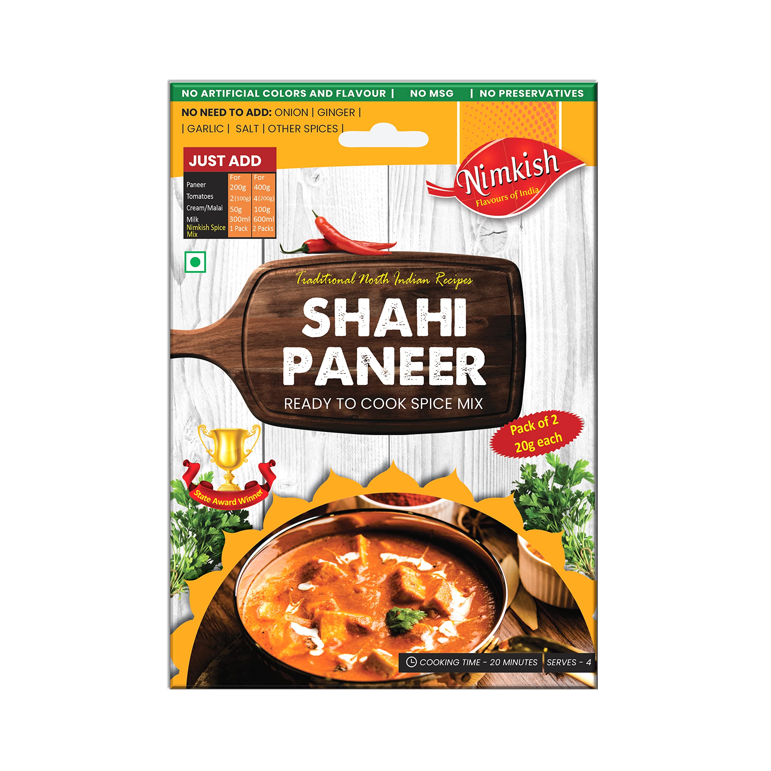 Nimkish Shahi Paneer Masala Premix 60g | Ready-to-Cook Spice Mix | Rich & Creamy North Indian Gravy | No MSG | Makes Delicious Shahi Paneer in 3 Easy Steps