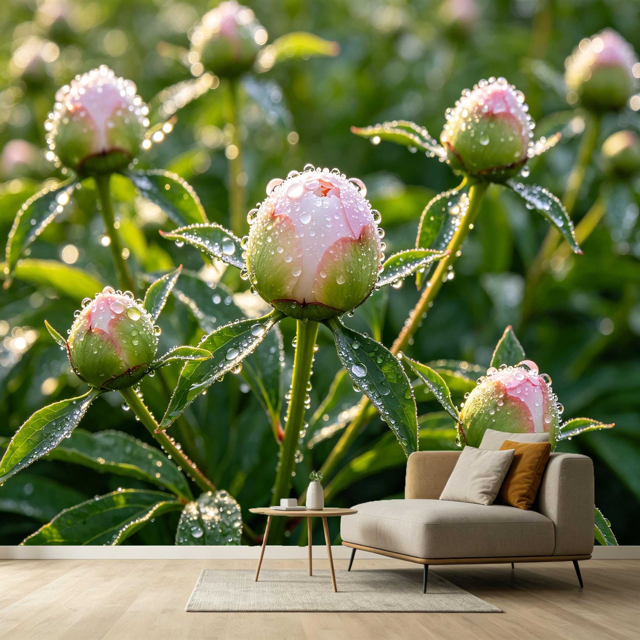 Custom Size Wall Murals Botanical Pink Peony Buds Morning Dew Drops Realistic Photo SelfAdhesive Wall Fabric Removable Large Wallpaper for Photo Living Room