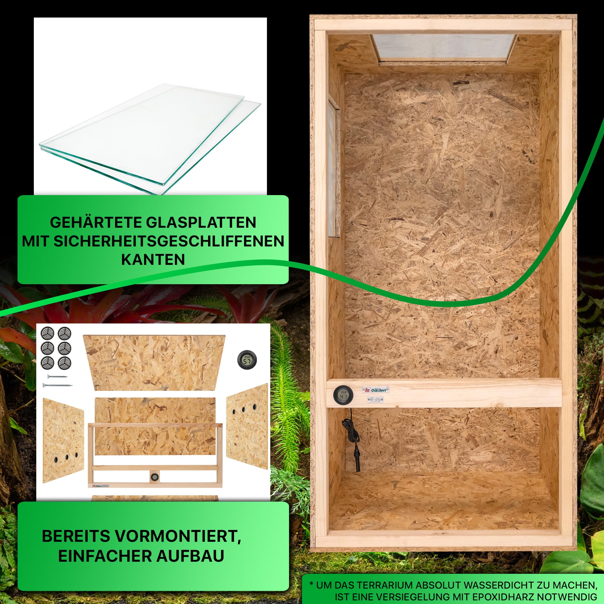 ITA Chamäleon Terrarium 120x60x60 cm mit Flächenbelüftung & Integriertem Hygrometer - Holzterrarium aus OSB-3 Platten - Terrarien für Chamäleons und andere Tierarten - EU Produkt