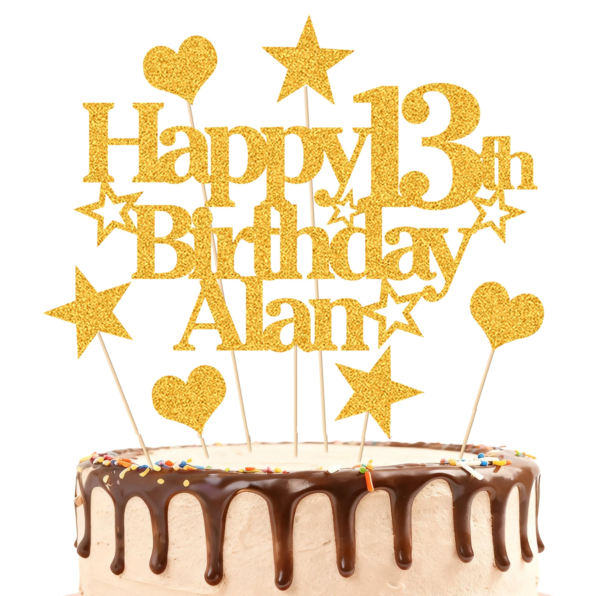 EDSG Personalised Happy Birthday Cake Topper Custom Party Decoration with Any Name Any Age Multicolour Glitter Cake Topper 13th 16th 18th 21st 30th 50th 60th 80th Hand Finished in UK (Gold) โ image 1