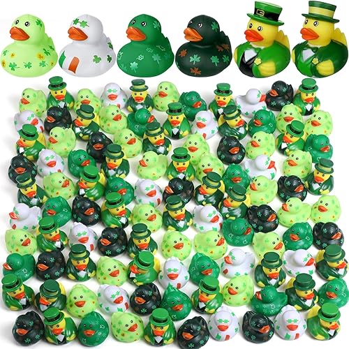 Jerify 96 patos de goma para el día de San Patricio, 6 estilos, patos de trébol para baño, piscina, cumpleaños, regalos irlandeses del día de San