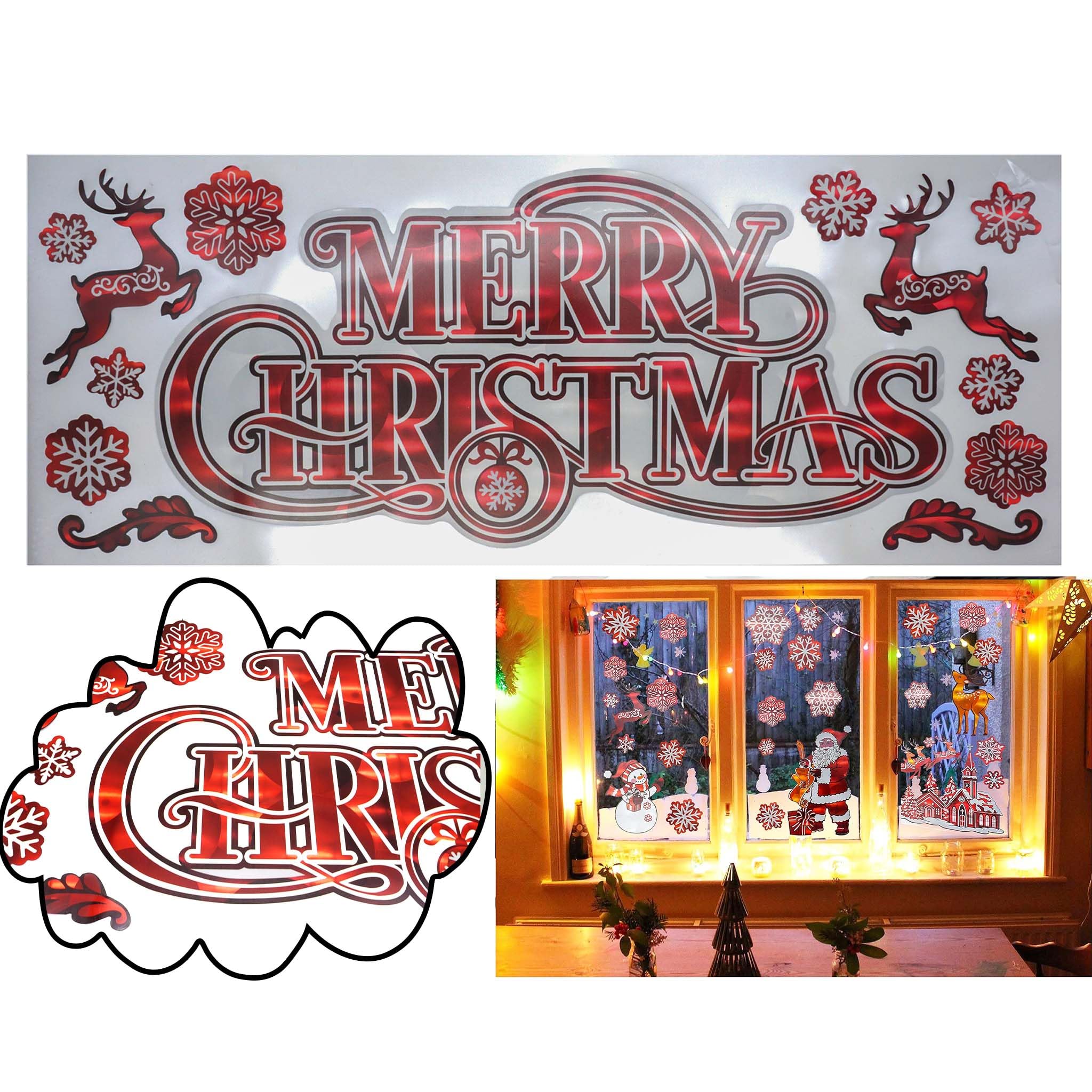 HOVUK® Christmas Stickers Red Holographic Sheet Self-Adhesive Winter Stickers, Merry Christmas Reindeer Snowflakes Window Clings for Xmas Party Supplies
