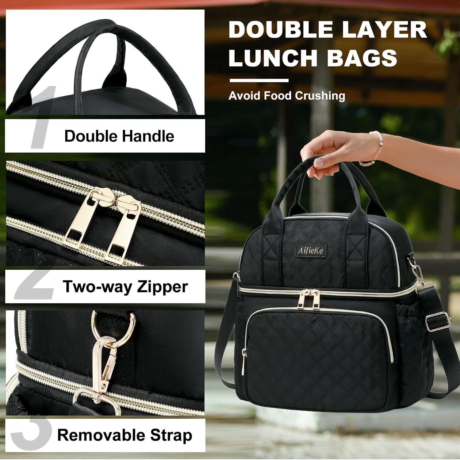 AIJIEKE Lunch Bag for Men Women, Dual Compartment Lunch Box Insulated Lunch Bags, Large Adult Double Deck Leak Proof Lunch Tote Cooler with Adjustable Shoulder Strap for Work Picnic Beach, Black - Image 2