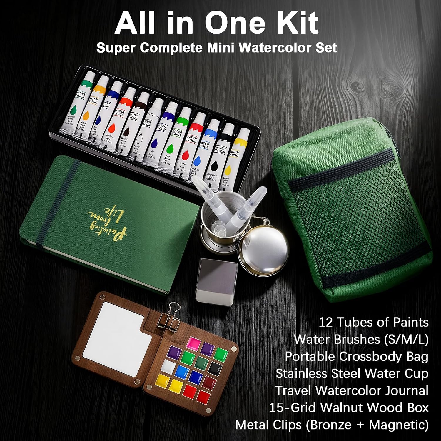 Mini Watercolor Travel Set - All-in-One Pocket Water Color Paint Kit for Artists with Palette, Brush, Cup, Journal & Carry Bag- 12-Color, Portable Paint Palette