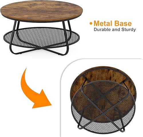 Miniatura 6 de Teraves Mesa de centro redonda, mesa de centro circular industrial de 2 niveles de 35.8 pulgadas para sala de estar, mesa de centro redonda con