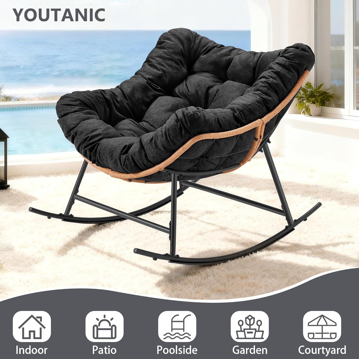 Youtanic Outdoor Rocking Chair, Oversized Papasan Reading Chair Indoor with Thick Cushion, Comfy Rattan Rocker Egg Chair for Patio, Garden, Balcony, Lawn, Backyard, Bedroom, up to 450lbs, Black