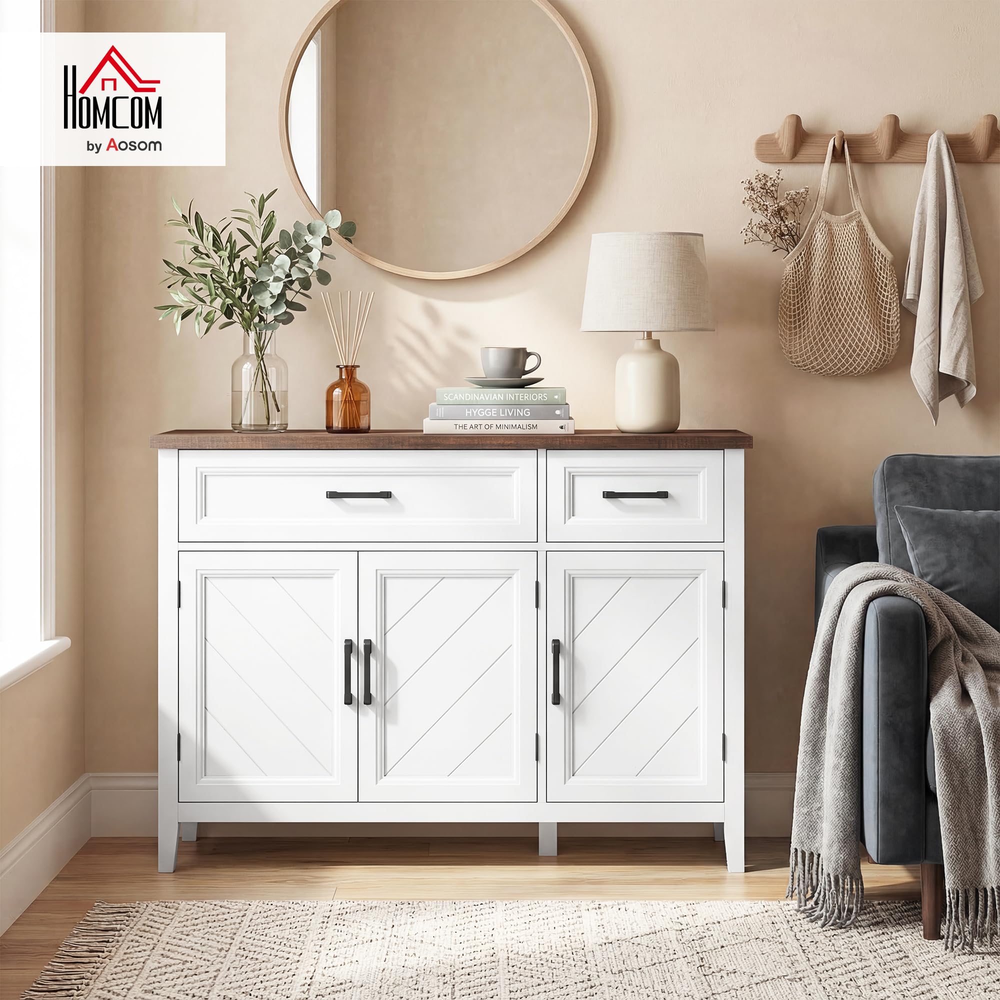 HOMCOM - Aparador para salón (2 cajones, 2 estantes ajustables, 110 x 35 x 80,5 cm), color blanco | Mueble de almacenamiento, 3 puertas de Chevron, estilo rústico, aparador comedor, cocina