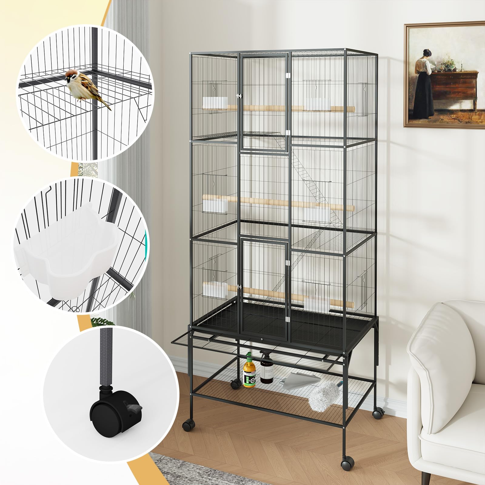 Jaula para pájaros extragrande de 69 pulgadas con soporte con ruedas y estante de almacenamiento – Espaciosa pajarera metálica para loros, guacamayos, cacatúas, cotorras y periquitos – Incluye bandeja