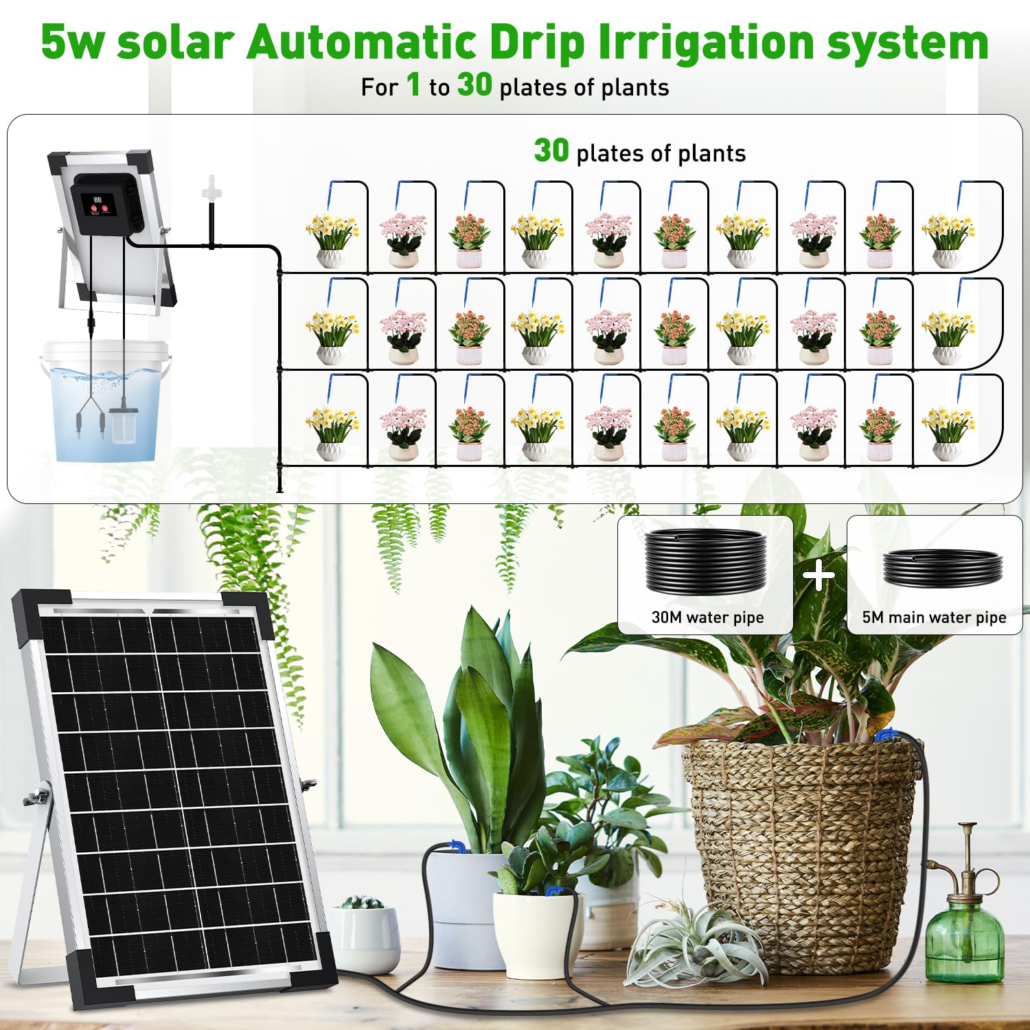 Onherm Arrosage Automatique Solaire pour 30 Plantes, 35M Tuyau et 300 Modes D’Irrigatio, Arrosage Goutte a Goutte Solaire Kit pour Jardin, Balcon et Plantes en Extérieur