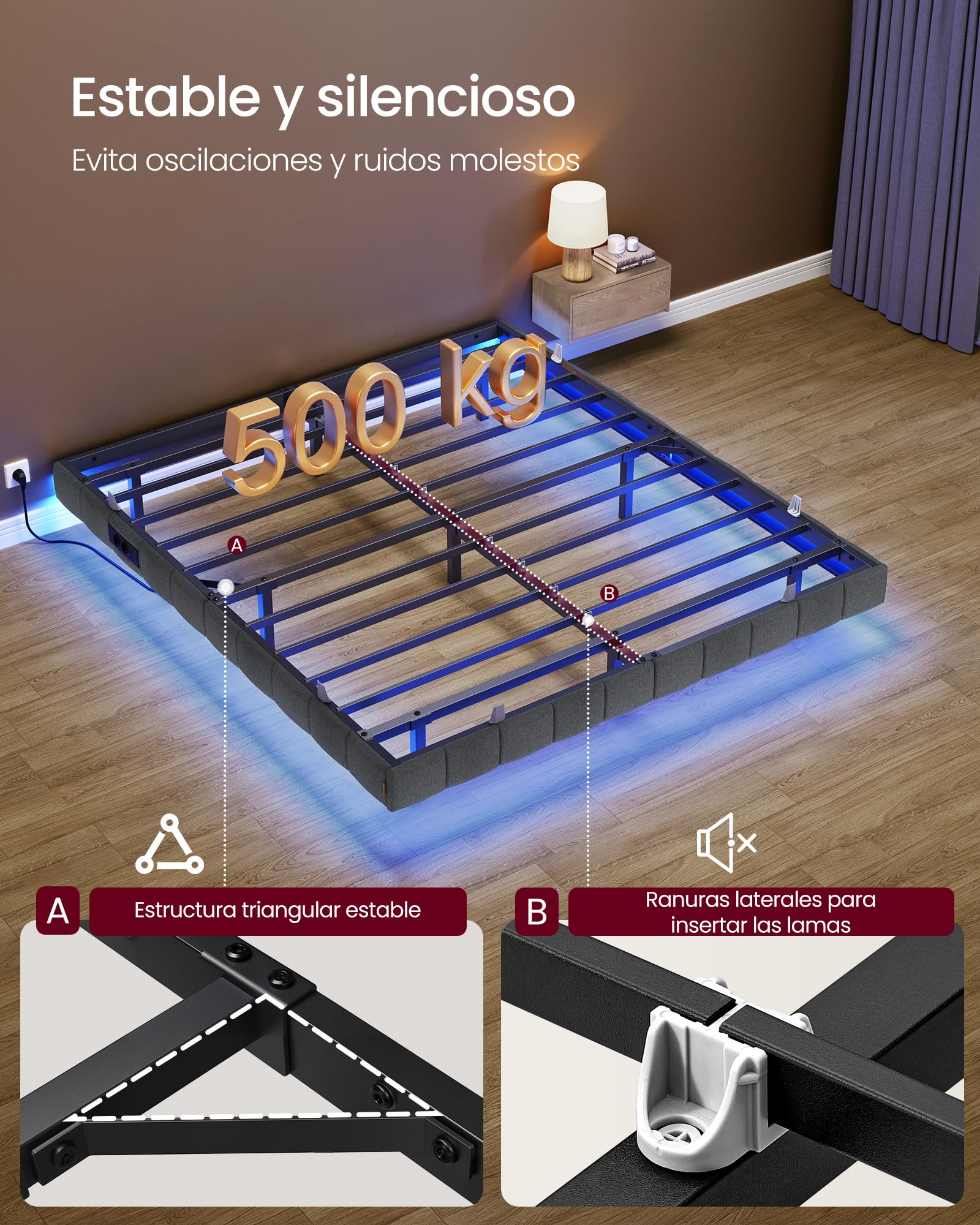 VASAGLE Marco de Cama Flotante, 160 x 200 cm, Bordes Acolchados, LED, 2 Tomas de Corriente, 1 Puerto USB-A, 1 Puerto USB-C, 1 Puerto USB-A Posterior, Carga de 500 kg, Gris Pizarra RMB165G101 | Cama sin cabecero, puertos USB y enchufes, diseño de metal sól