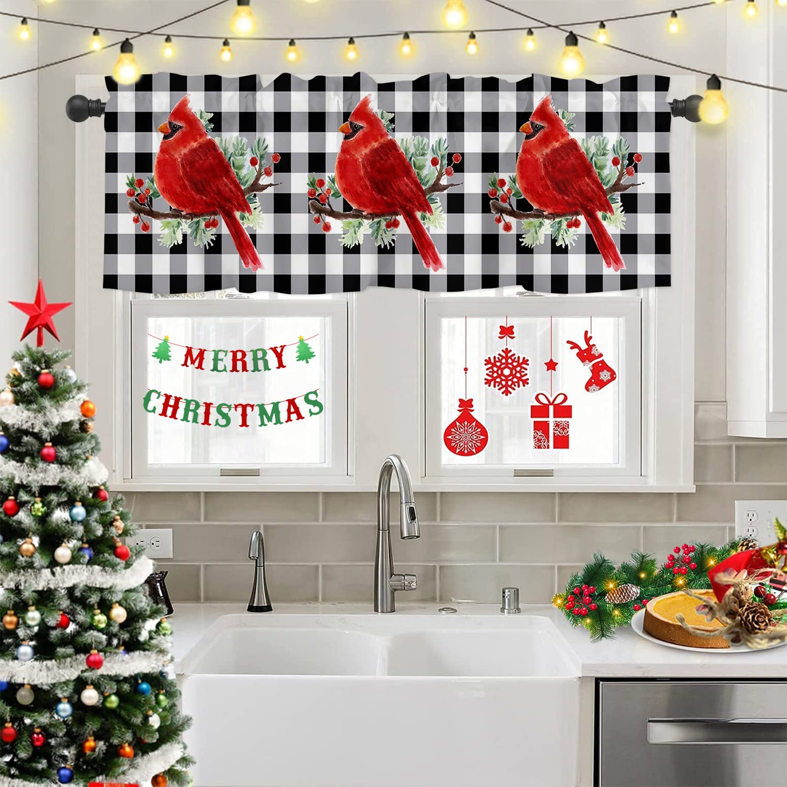 Winter Christmas Valances Curtain for Kitchen Cafe,Red Cardinal Branch Window Valance 1 Panel Short Curtains 54"x 18" Rod Pocket Xmas Botanical Gingham Windows Treatment Drape for Living Room Bedroom