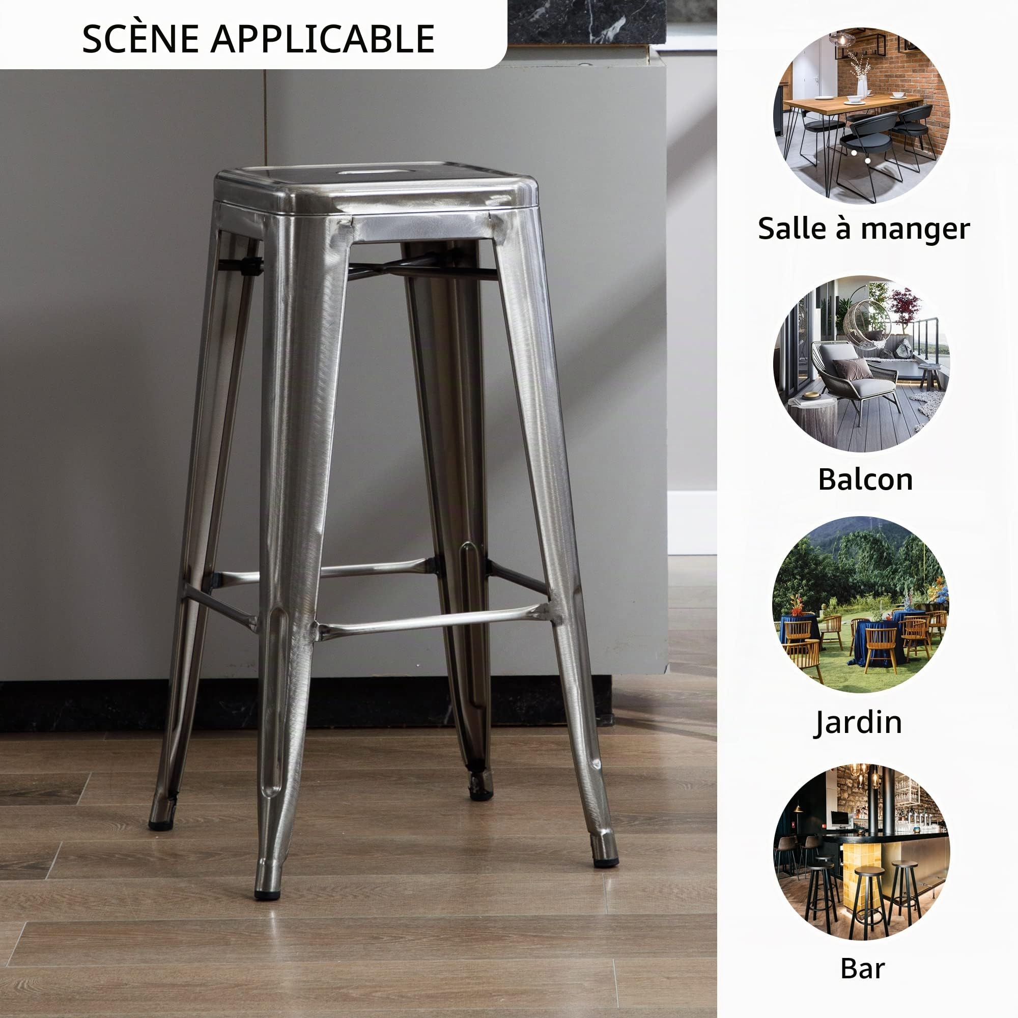 DUHOME Tabouret de Bar Industriel Chaise Salle à Manger Lot de 2 Tabouret Empilables Siège Bistrot Cadre en Métal pour Cuisine Restaurants (Métallique, 76cm)