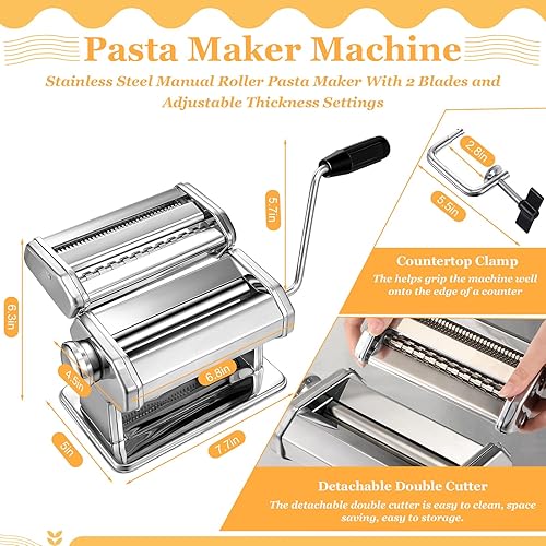 Miniatura 2 de Hushee Juego de 8 máquinas para hacer pasta, incluye máquina para hacer fideos de acero inoxidable, estante de secado de pasta de madera, cortador
