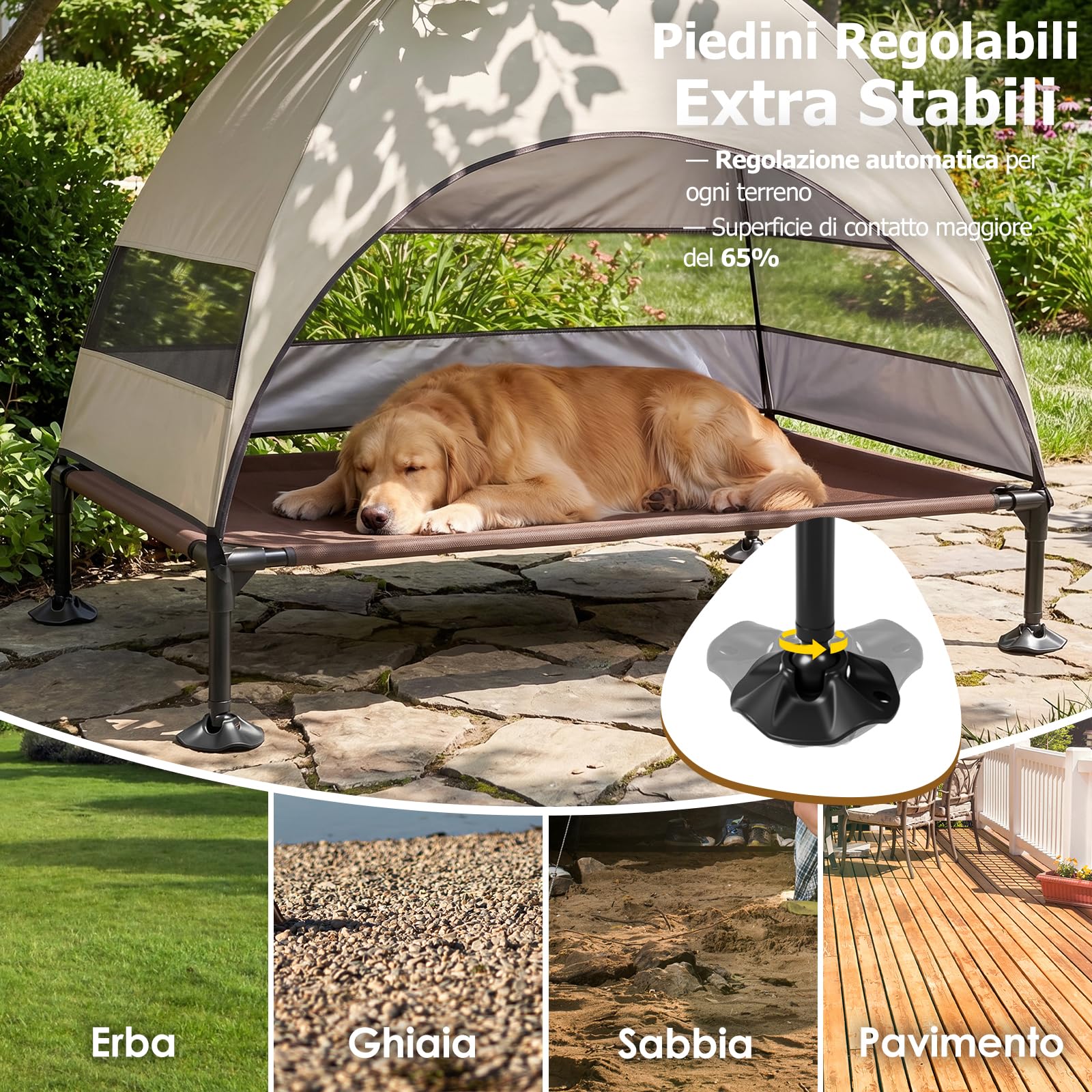 Cuccia rialzata per cani da esterno con tetto, pieghevole con piedini antiscivolo, tenda per cani da esterno con grande ombra, per il campeggio, il giardino, la spiaggia e la piscina (Cachi, L)
