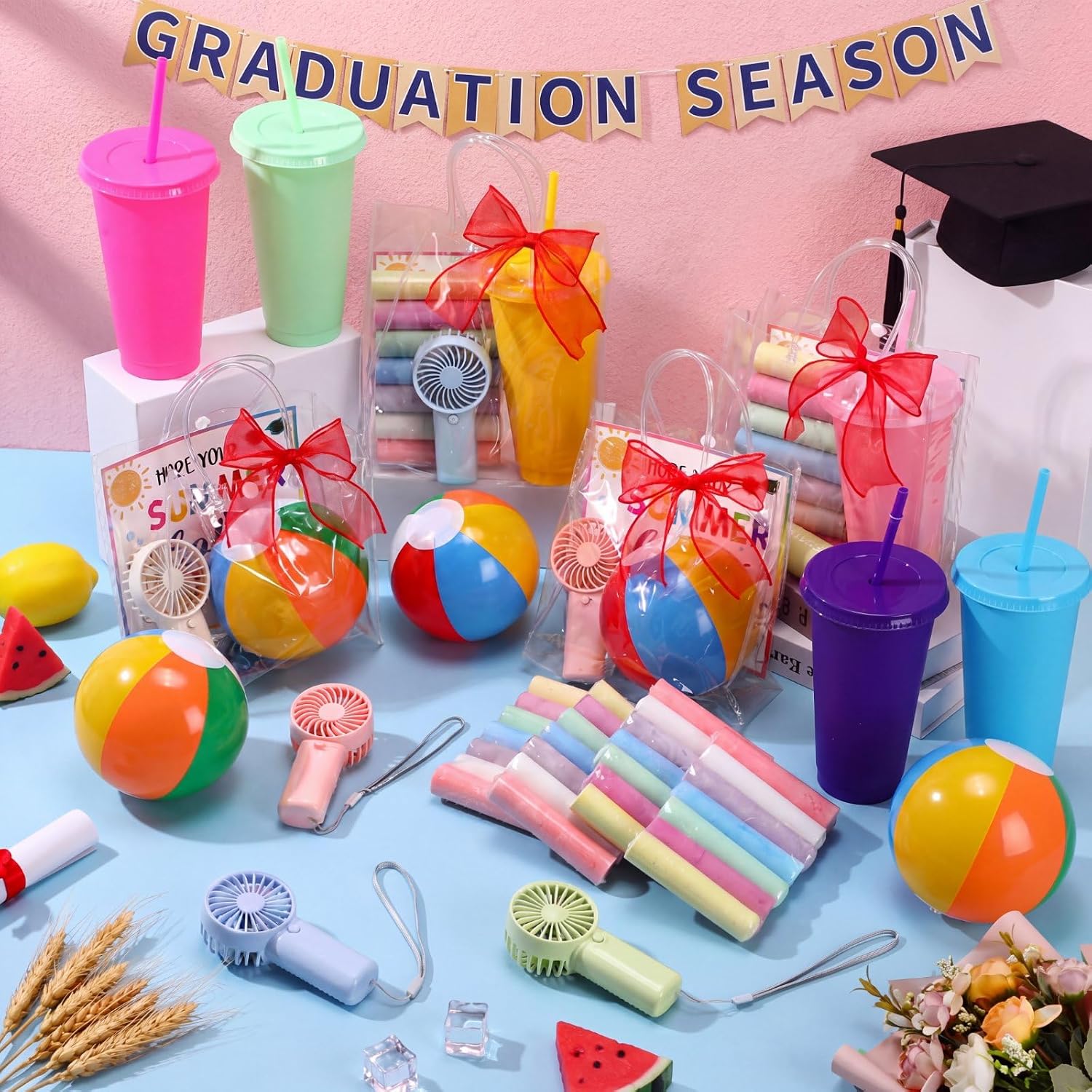 73 Pcs End of Year Student Gifts Pool Beach Party Favors 6 Set Party Gift Bag Stuffers Set with Handheld Fans Reusable Tumblers Mini Beach Balls Sidewalk Chalk Bag Card Summer Birthday Supplies