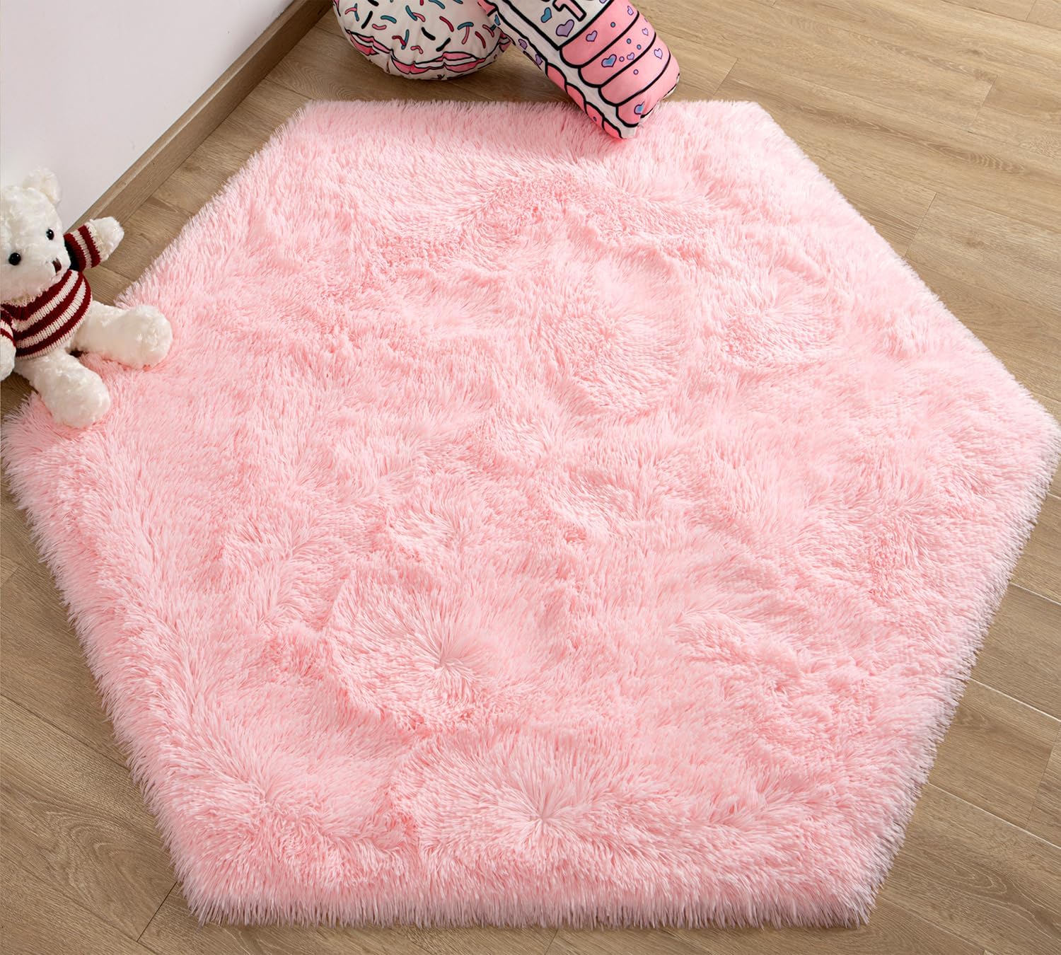 EVOIONOS Pink Hexagon Rug for Princess Tent, Fluffy Area Rug for Kids Room, 4×4.6 Feet for Girls Tent, Furry Soft Nursery Rug, Fuzzy Plush Carpet for Teen Girls Bedroom