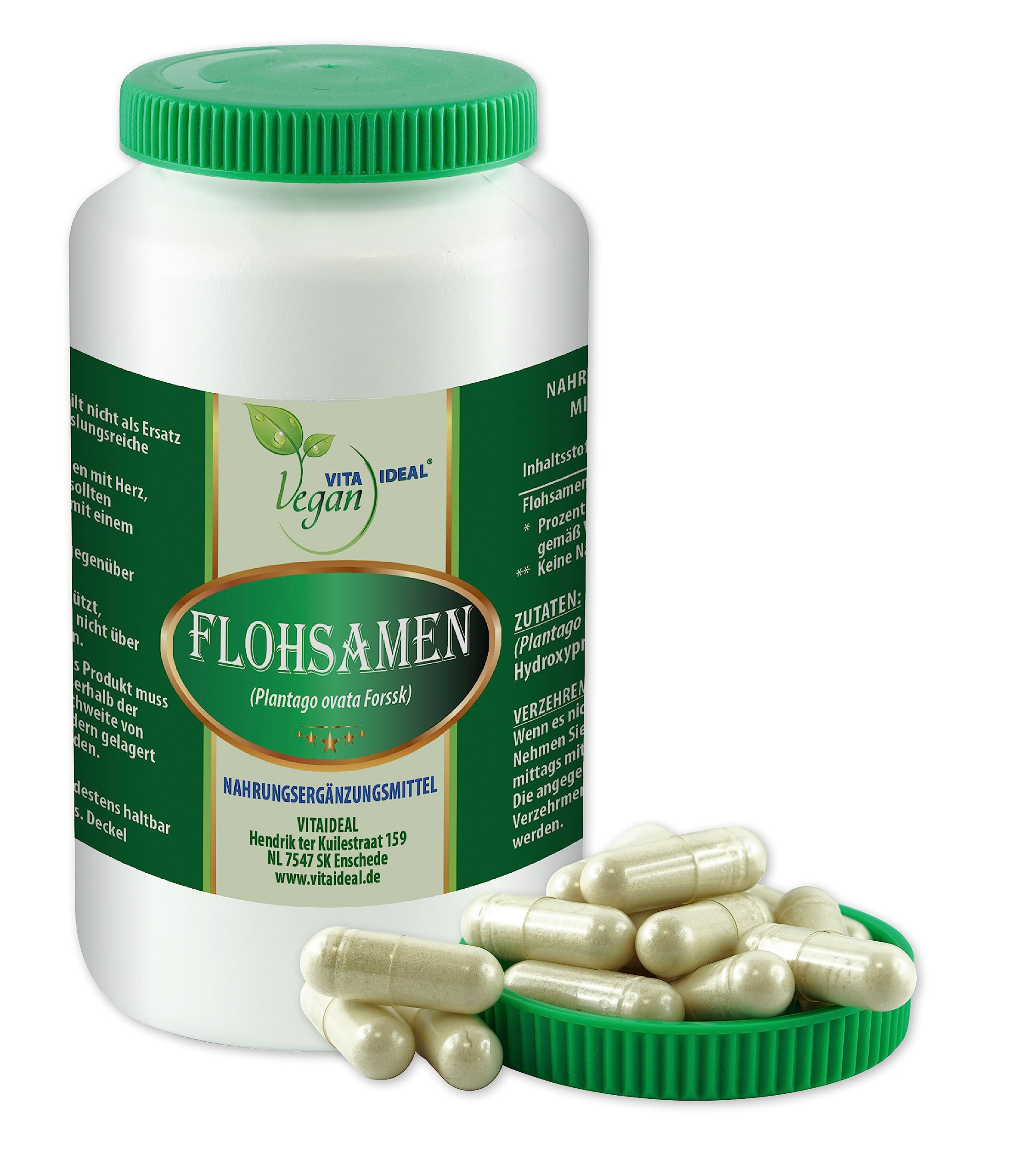 VITA IDEAL Vegan® FLOHSAMEN - Schalen 4x 360 KAPSELN - Plantago indica - Floh - Samen - Schalen - Tagesportion 1100mg FLOHSAMENSCHALEN reines Pulver. Naatürlich, pflanzlich & ohne Zusatzstoffe.