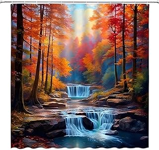 Forest Waterfall Shower Curtain Rustic Tree Forest Jungle Waterfall Farmhouse Country Nature Scenery Fabric Bathroom Decor Curtain with Hooks