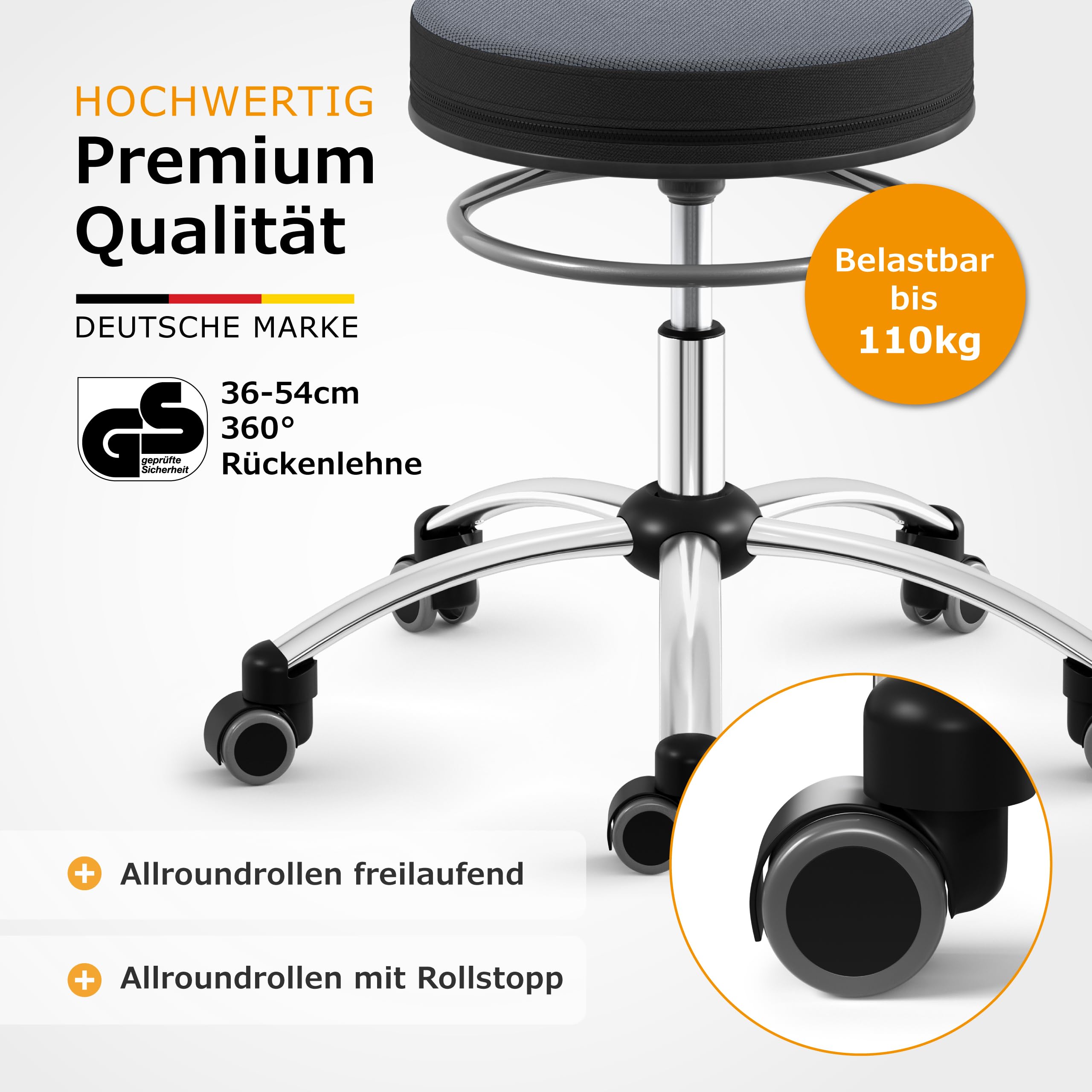 Sanus®-Gesundheitsstuhl | Rollhocker mit 360° Lehne, höhenverstellbarer Lehne, Sitzhöhe (42-51 cm), Stoffbezug grau/schwarz, Rollstopp-Rollen. Ergonomischer Bürostuhl, Erzieherstuhl