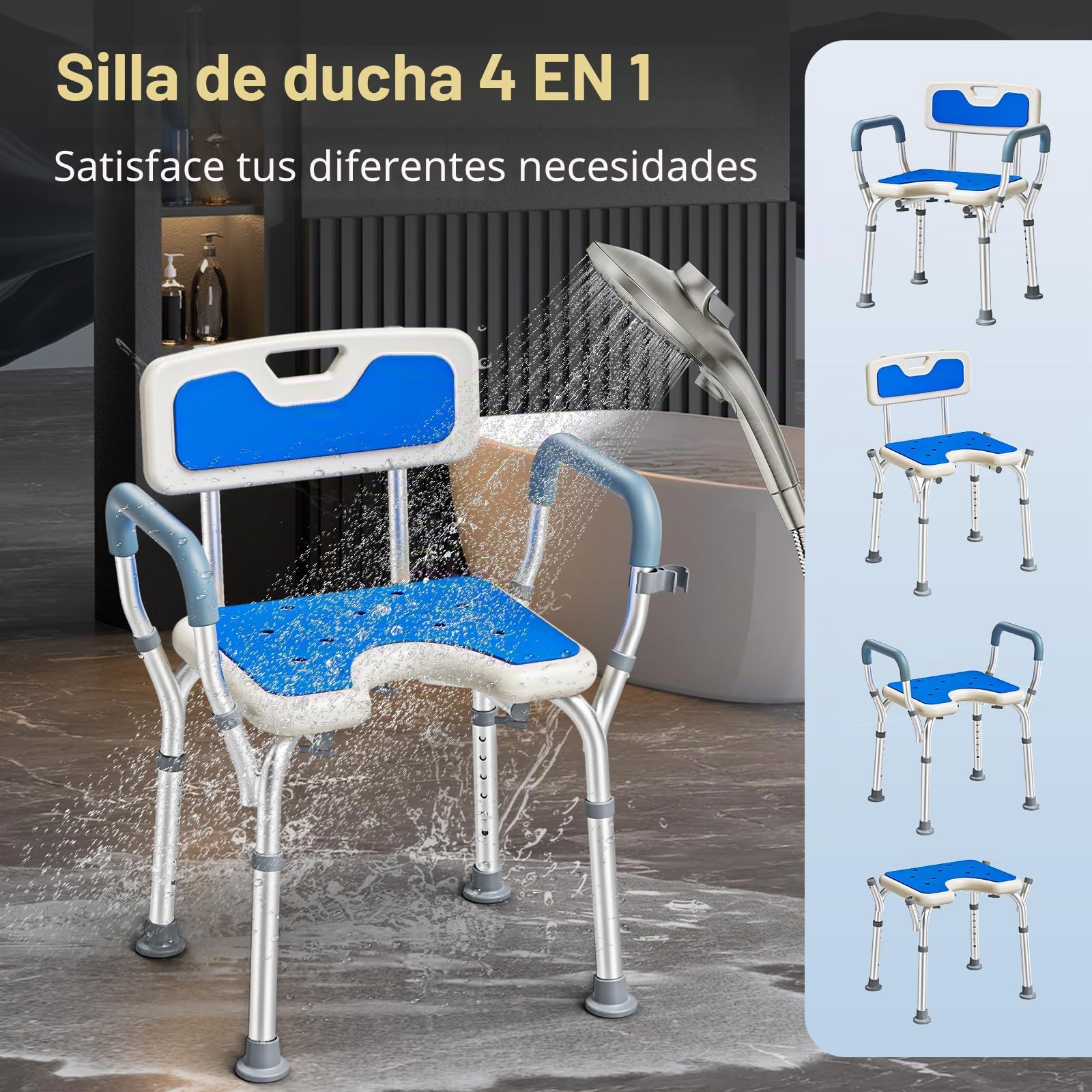 Silla de Ducha con Brazos y Respaldo, Asiento de Ducha Ajustable Taburete de Baño Antideslizante Forma U para Ancianos Discapacitadas Embarazadas