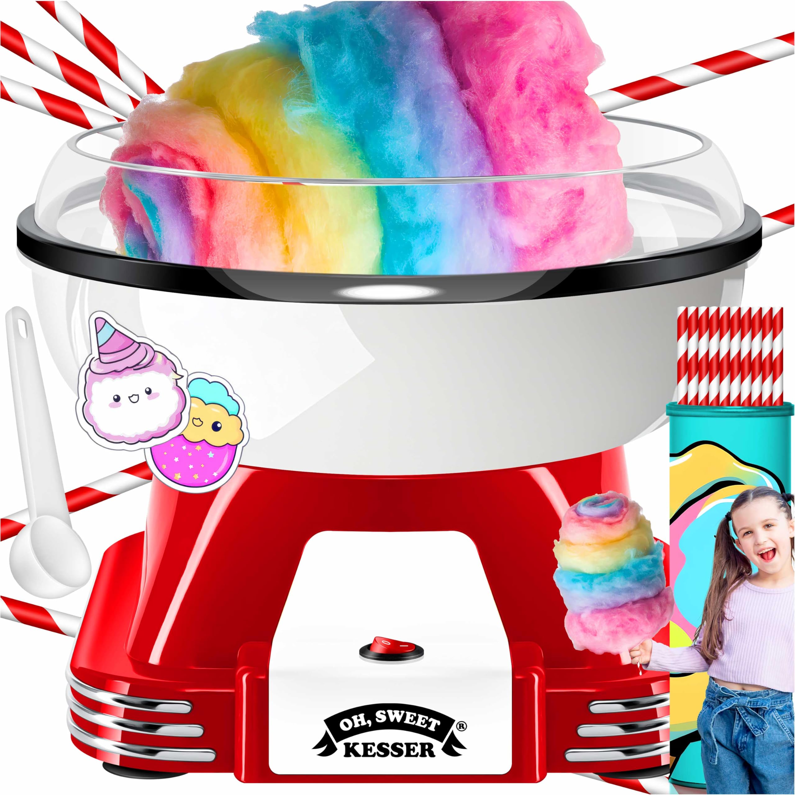 KESSER Zuckerwattemaschine 500 W 22 cm Retro Cotton Candy Machine Set mit Stäbchen & Messlöffel Rot Weiß