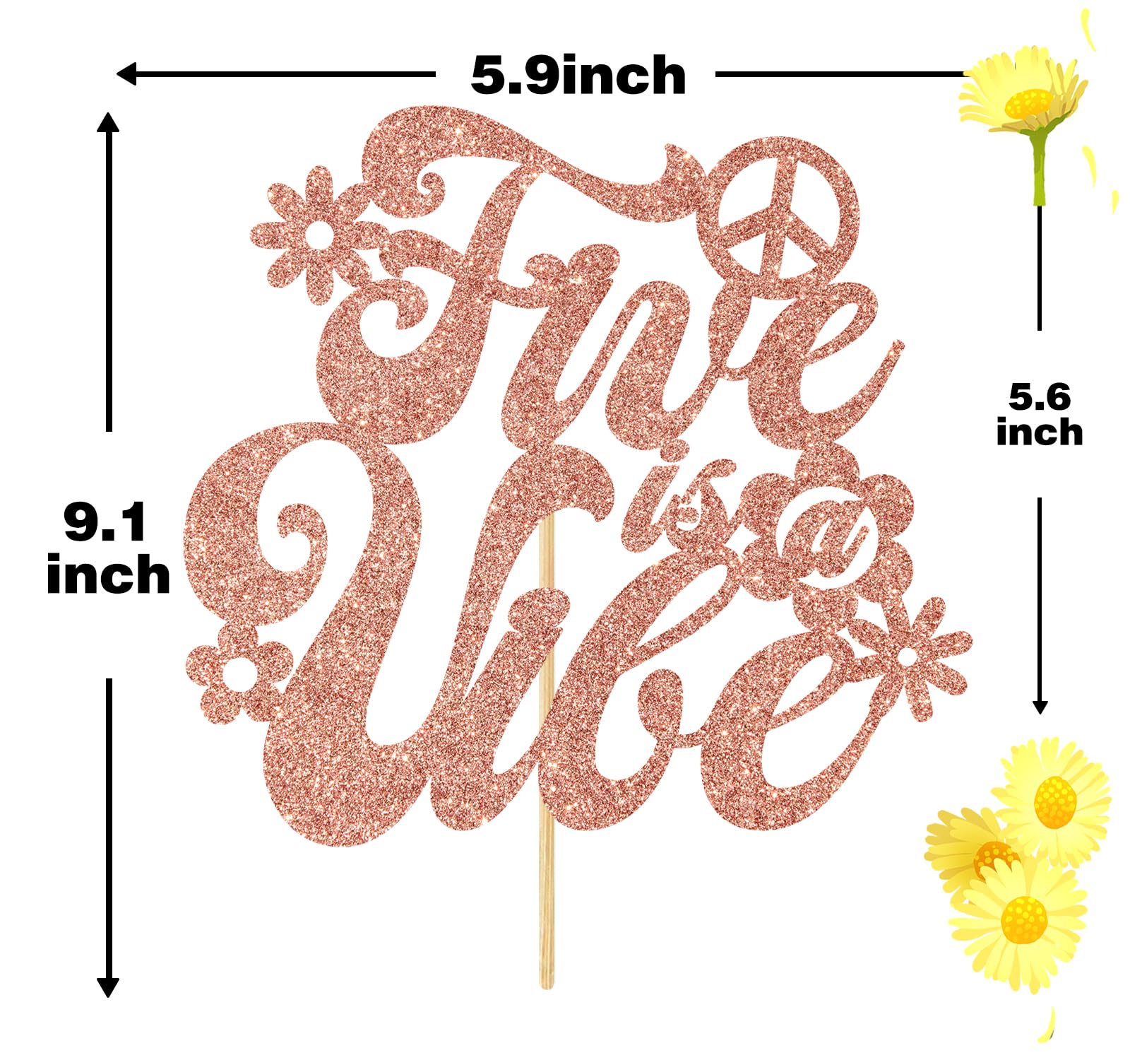 Five Is A Vibe Tortenaufsatz – 5. Geburtstag, Pink Glitzer, Retro Design, Mit Bambusstab