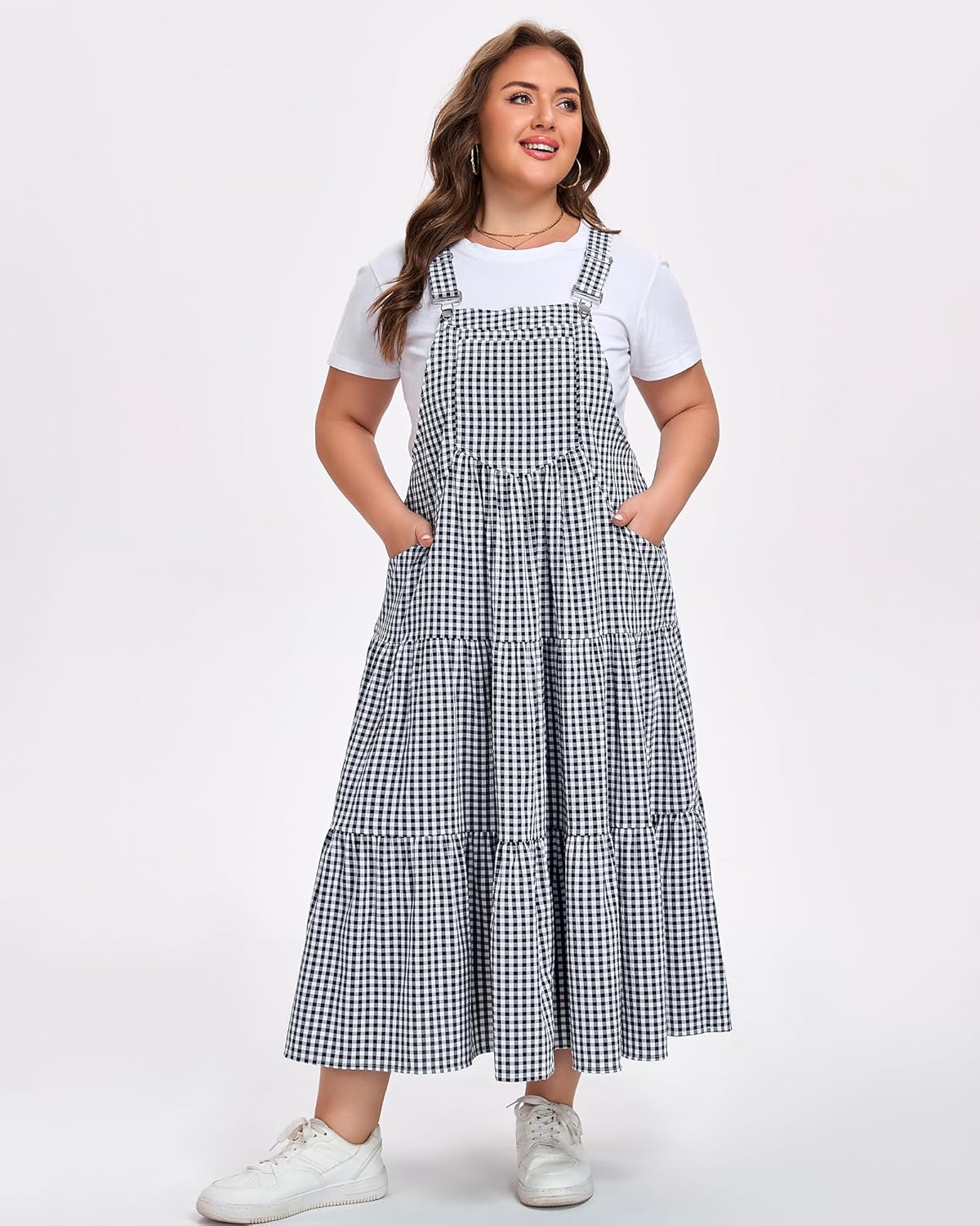 Moon Wood Women Plus Size Plaid Overall Dress with Pockets Adjustable Strap Jumper Dress Summer Casual Tiered Maxi Dress - Image 2