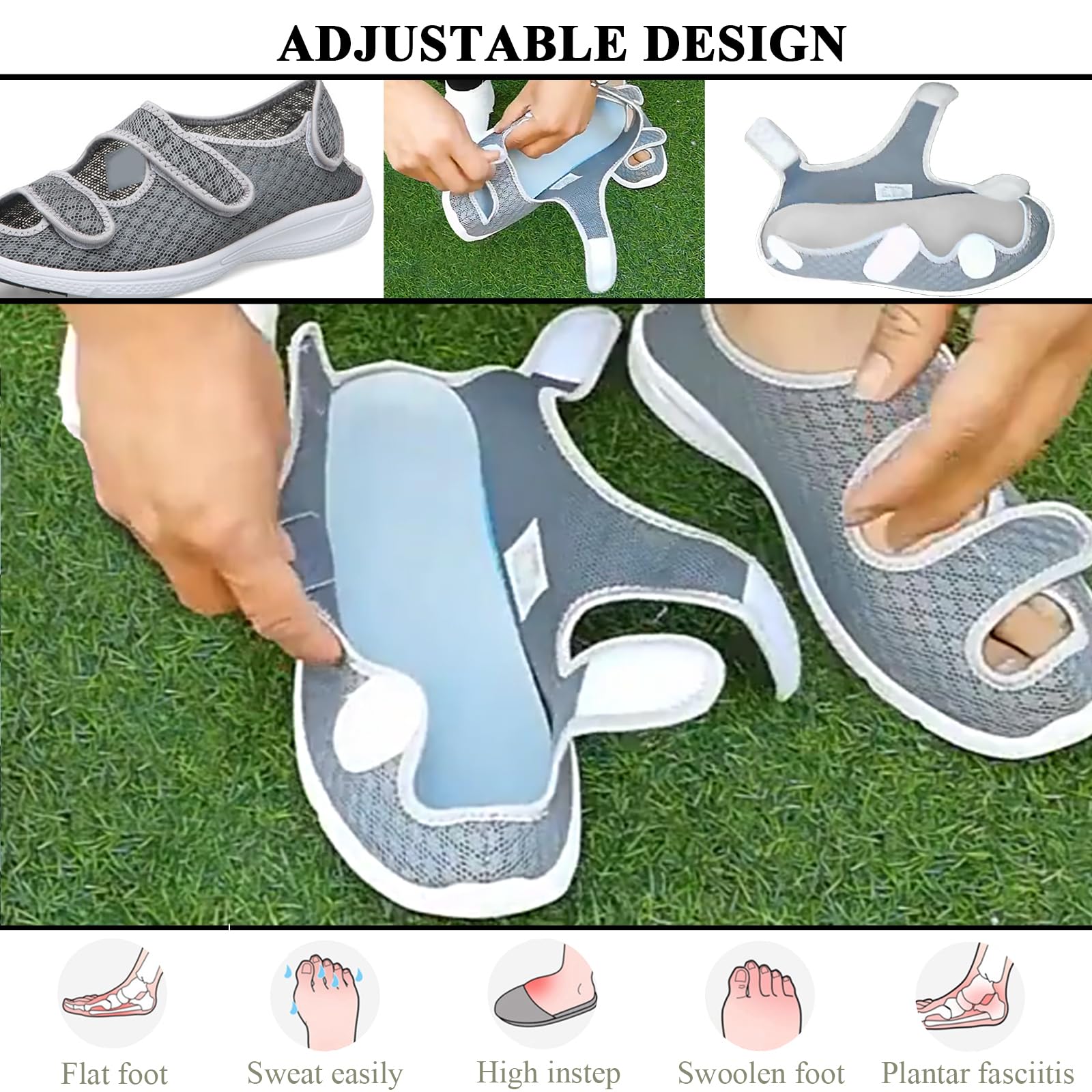 Zapatillas Diabéticos para Hombre Mujer Ligero Zapatos Ajustables Antideslizantes Respirable Ortopédico Sandalias para Ancianos Pies Hinchados con Edema