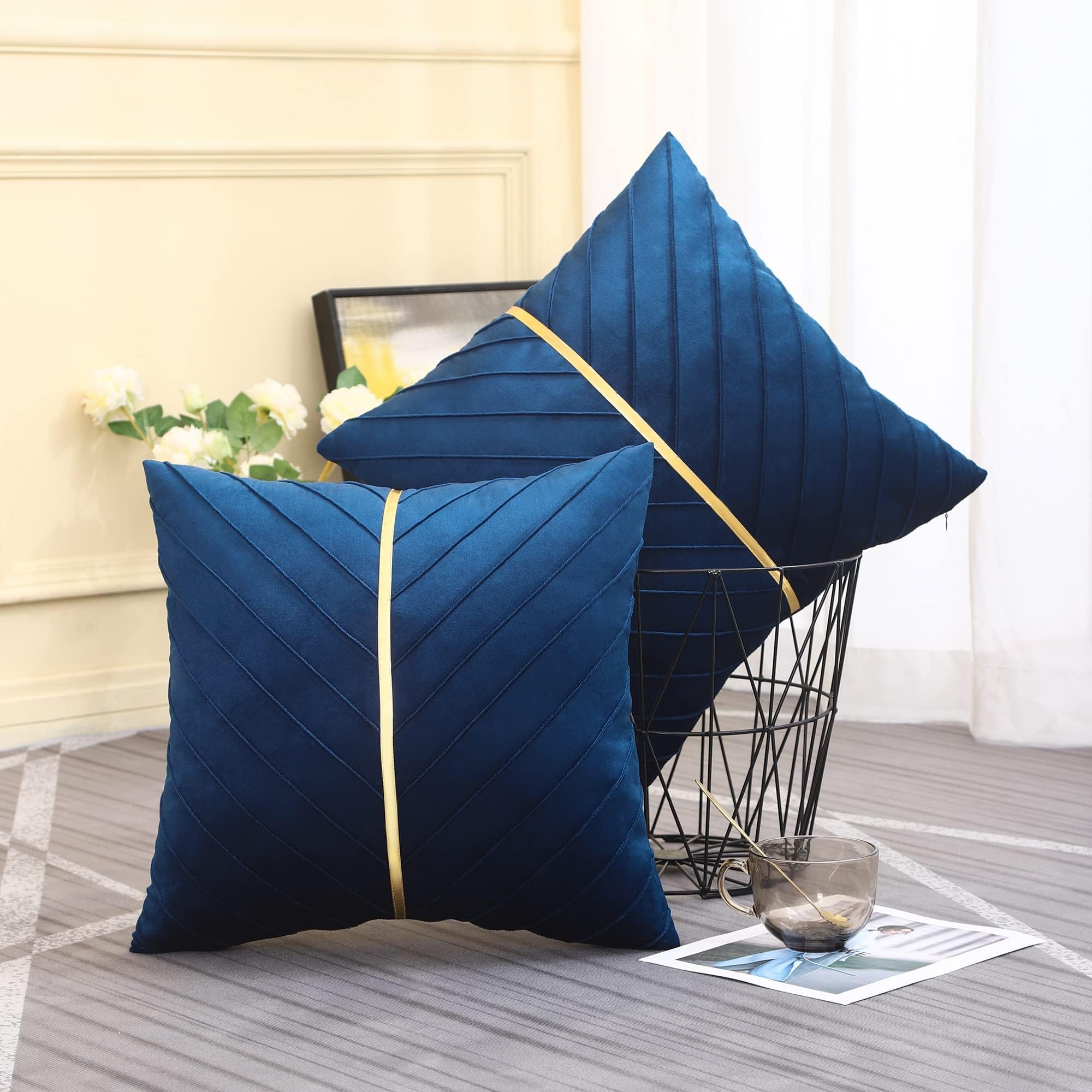Tosleo Navy Blue Velvet Throw Pillow Covers 22 x 22 inch Pack of 2 with Gold Leather Decorative Couch Pillowcases Luxury Modern Pillow Cover for Living Room Bedroom Sofa Cushion Bed 55 x 55 cm - Image 4