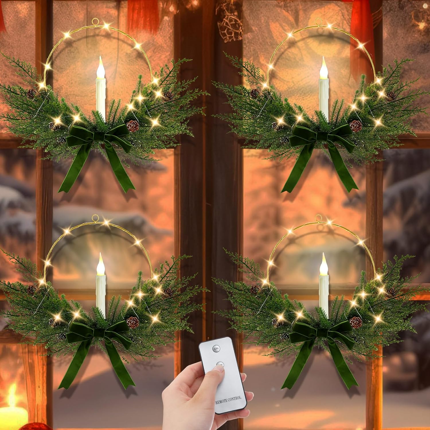 4 Set Christmas Wreath for Front Door with LED Candles 13'' Xmas Advent Window Wreaths with Light Cord and Remote Control Wall Garland for Party Decor Not Include Battery (Pine Cones,Red)