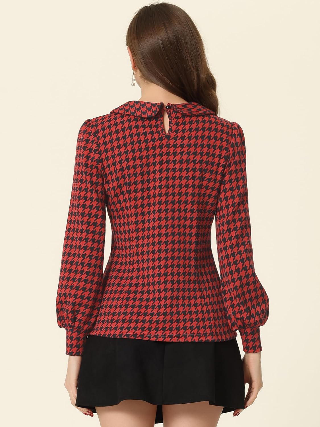 Allegra K Women's Peter Pan Collar Shirt Fashion Puff Long Sleeve Houndstooth Plaid Blouse - Image 4